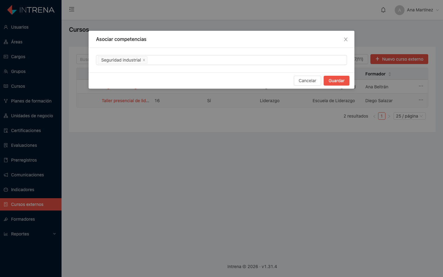 Menú de acciones con la opción Asignar competencias
