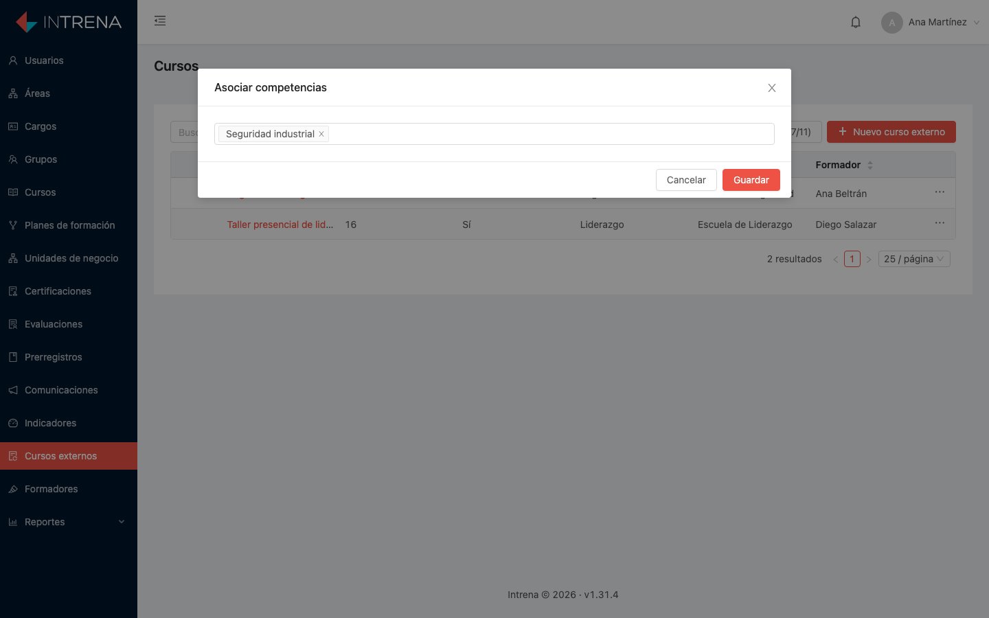 Menú de acciones con la opción Asignar competencias