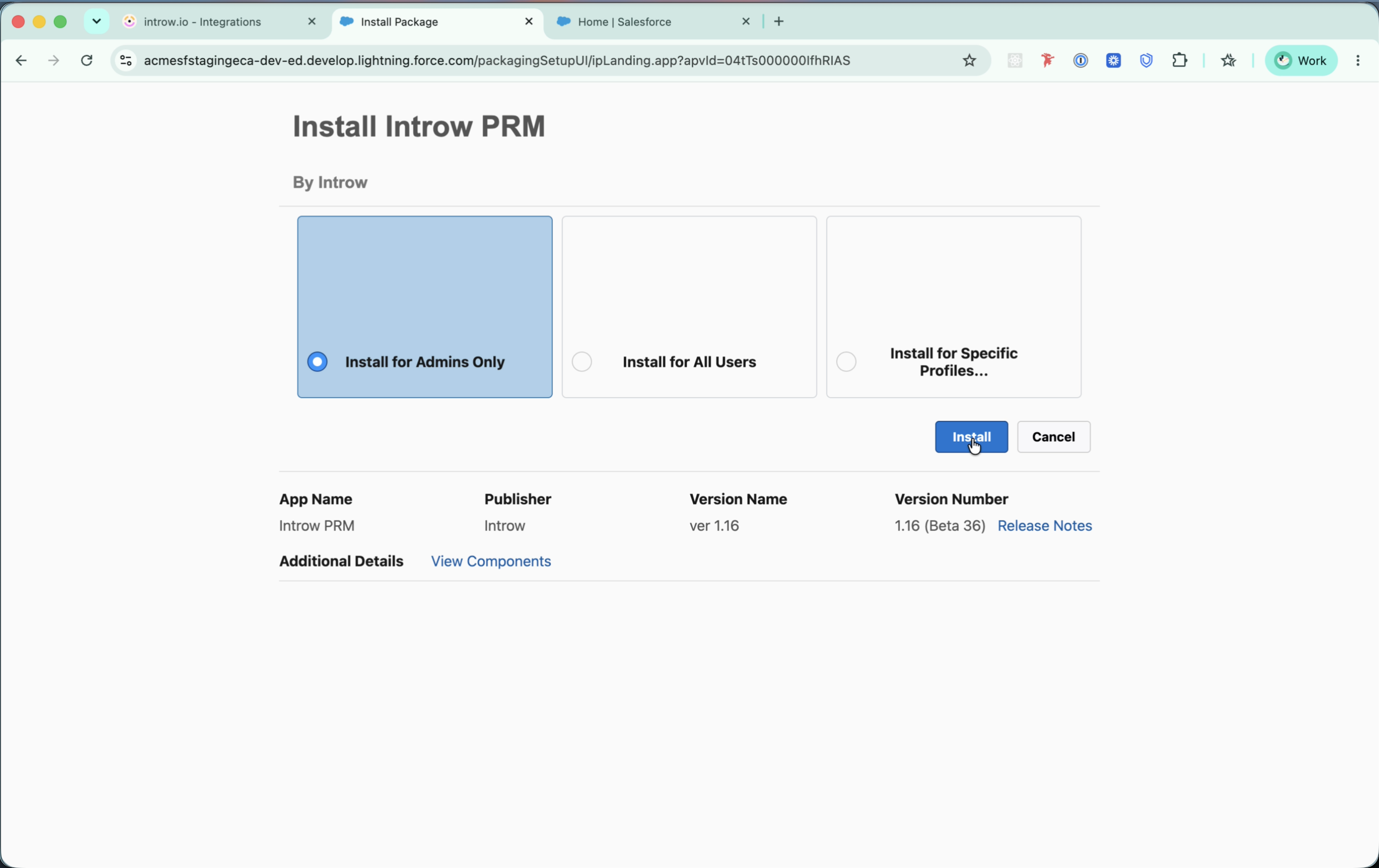 Salesforce's Install Introw PRM page with Install for Admins Only selected, and the Install and Cancel buttons.