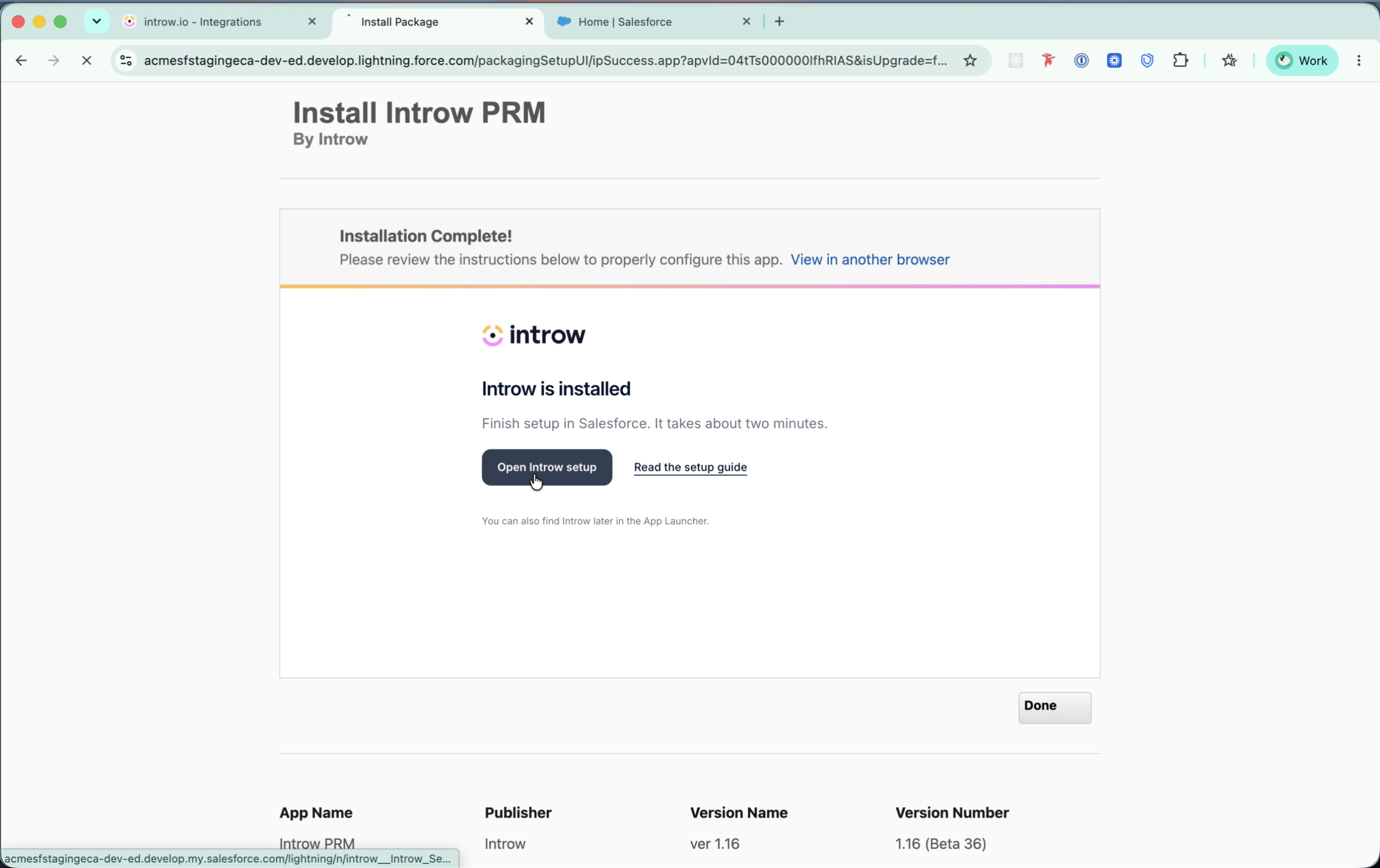 The Salesforce installation complete page with the Introw is installed message and the Open Introw setup and Read the setup guide buttons.
