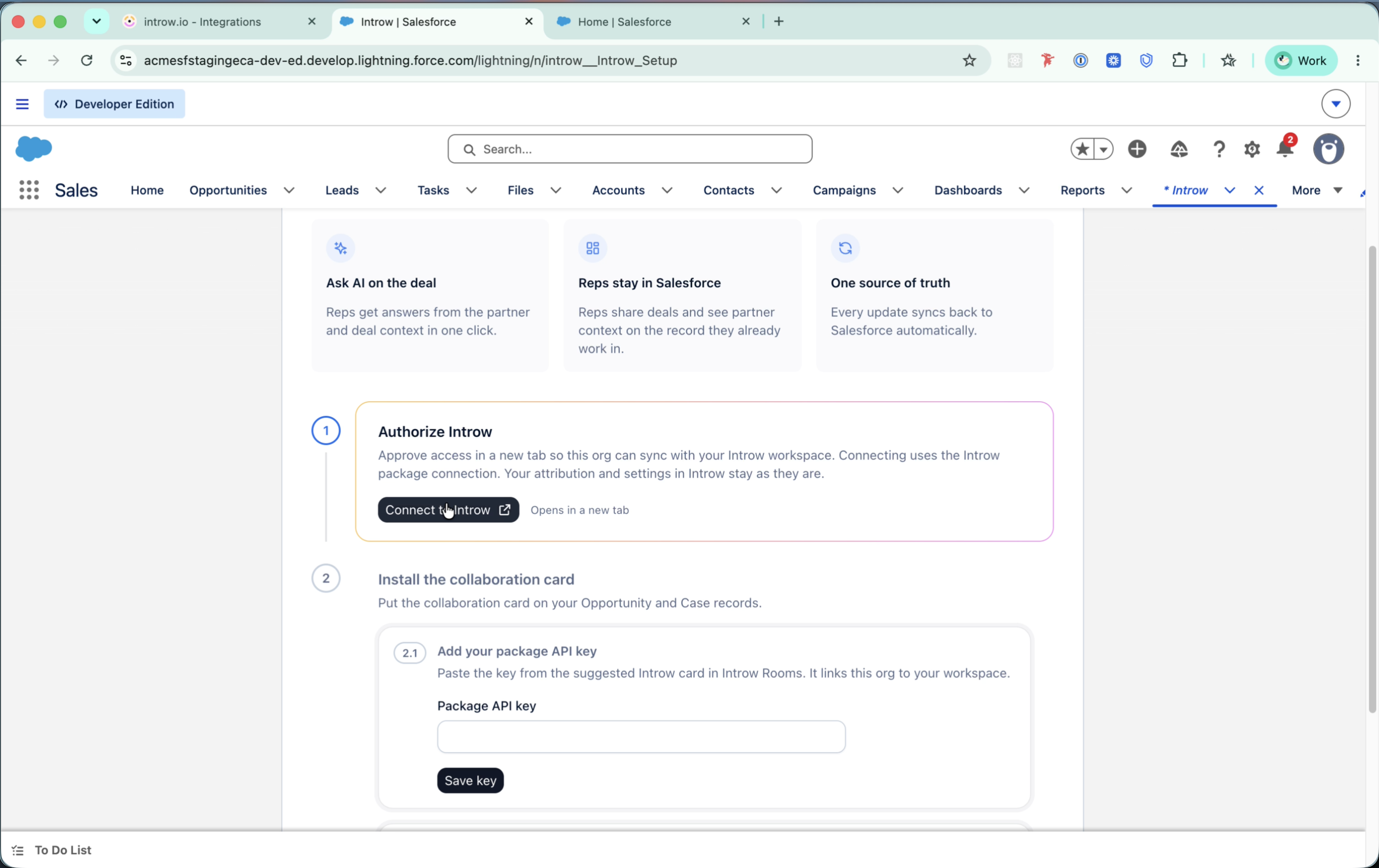 The Introw Setup page in Salesforce with step 1, Authorize Introw, and the Connect to Introw button.