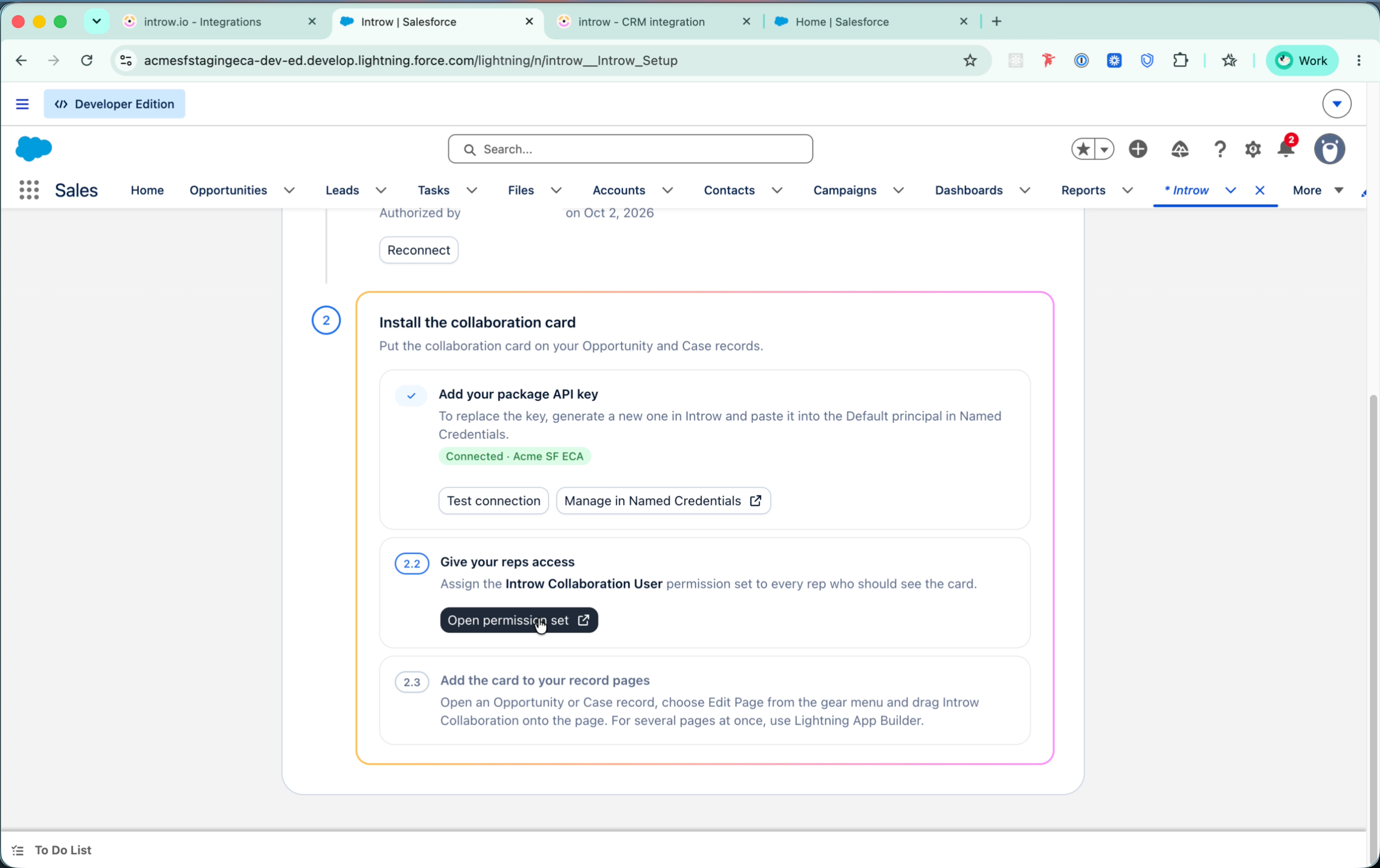 Introw Setup step 2, Install the collaboration card, with the package API key connected and Test connection and Manage in Named Credentials buttons, and step 2.2 Give your reps access with Open permission set.
