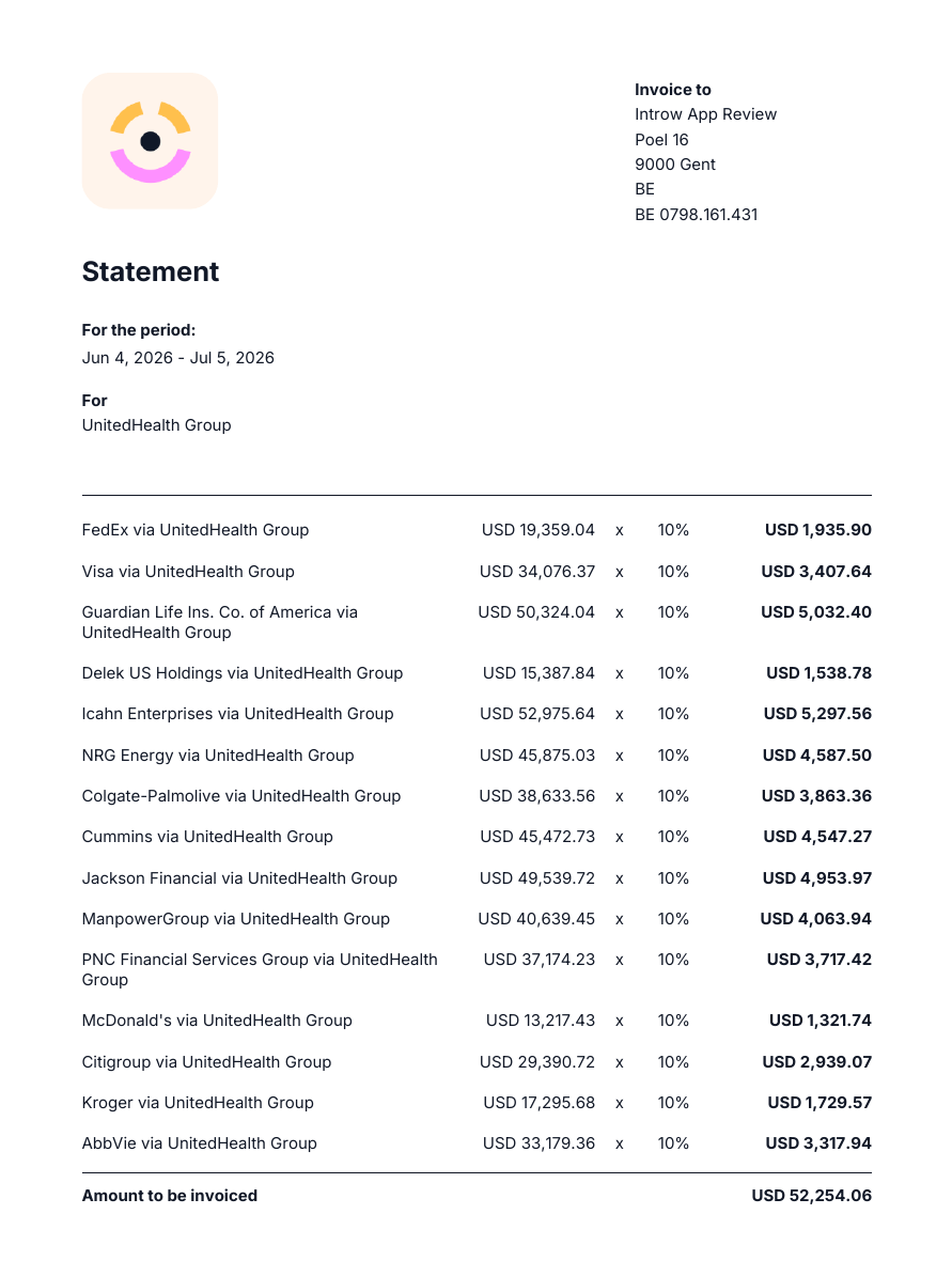 A commission statement PDF with the logo and, beside it, an Invoice to block with address and VAT number, then the period Jun 4 to Jul 5, 2026, For UnitedHealth Group, and lines such as USD 19,359.04 x 10% = USD 1,935.90.