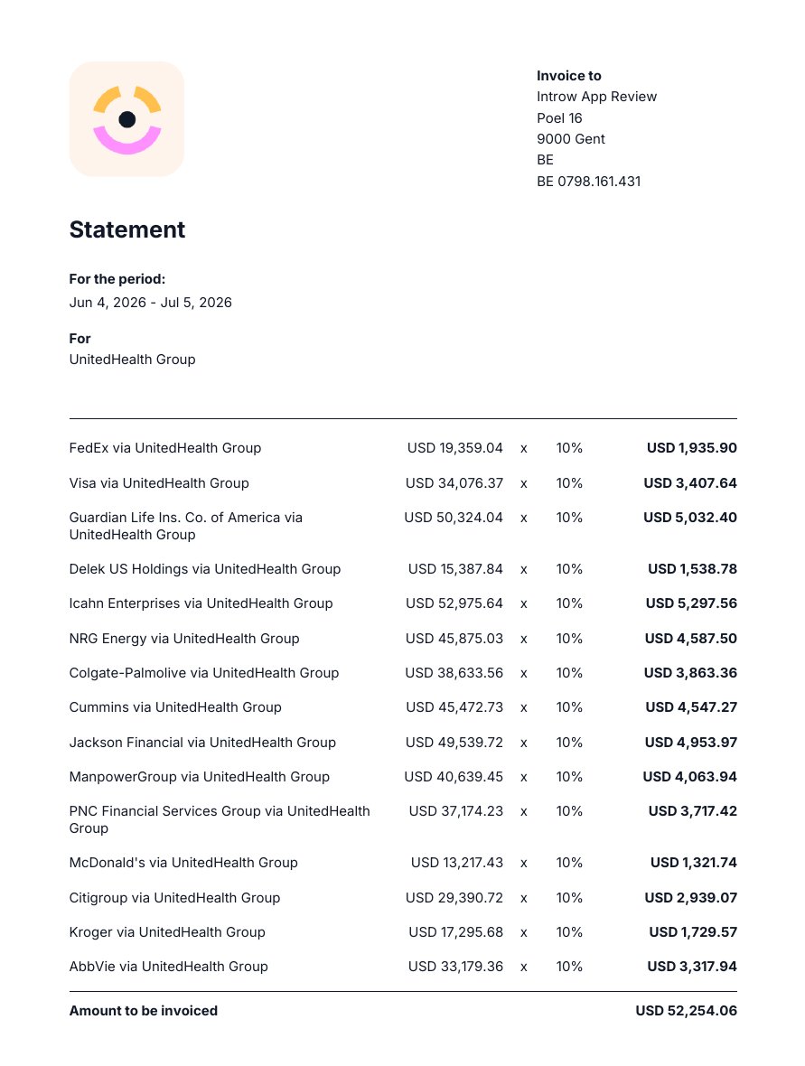 A commission statement PDF with the logo and, beside it, an Invoice to block with address and VAT number, then the period Jun 4 to Jul 5, 2026, For UnitedHealth Group, and lines such as USD 19,359.04 x 10% = USD 1,935.90.