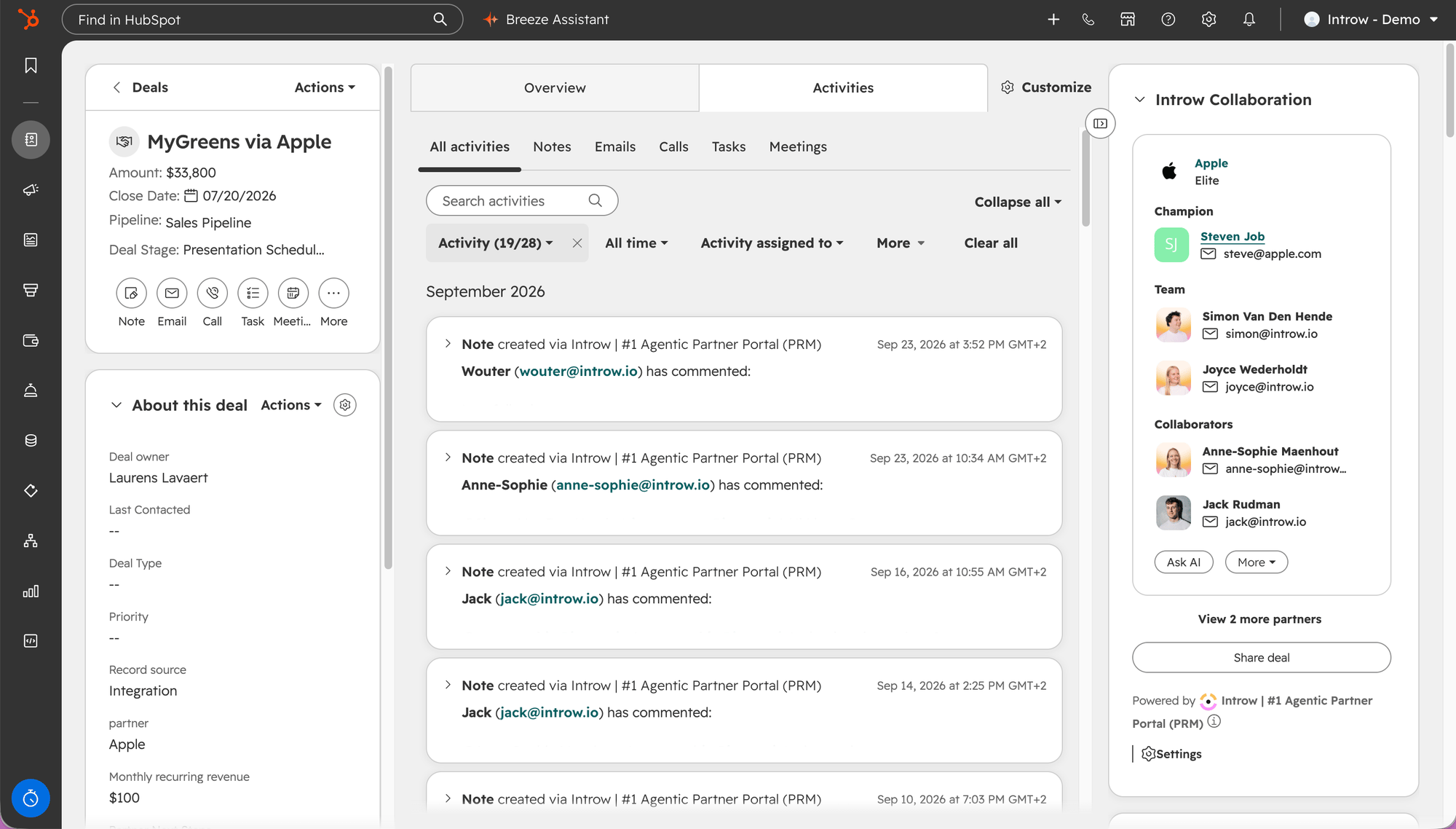A HubSpot deal record with the Introw Collaboration card in the right sidebar, showing the linked partner and their tier, the champion, the vendor team on the account, the partner contacts collaborating on the deal, Ask AI and More buttons, a View 2 more partners link and a Share deal button.