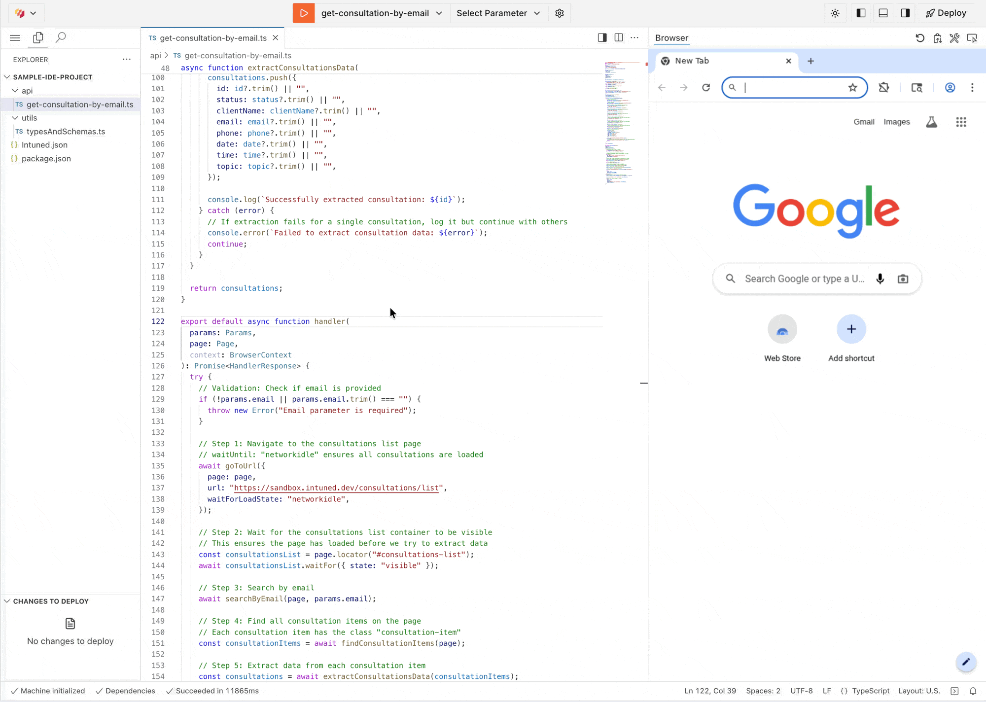 Running an API in the IDE with real-time browser view