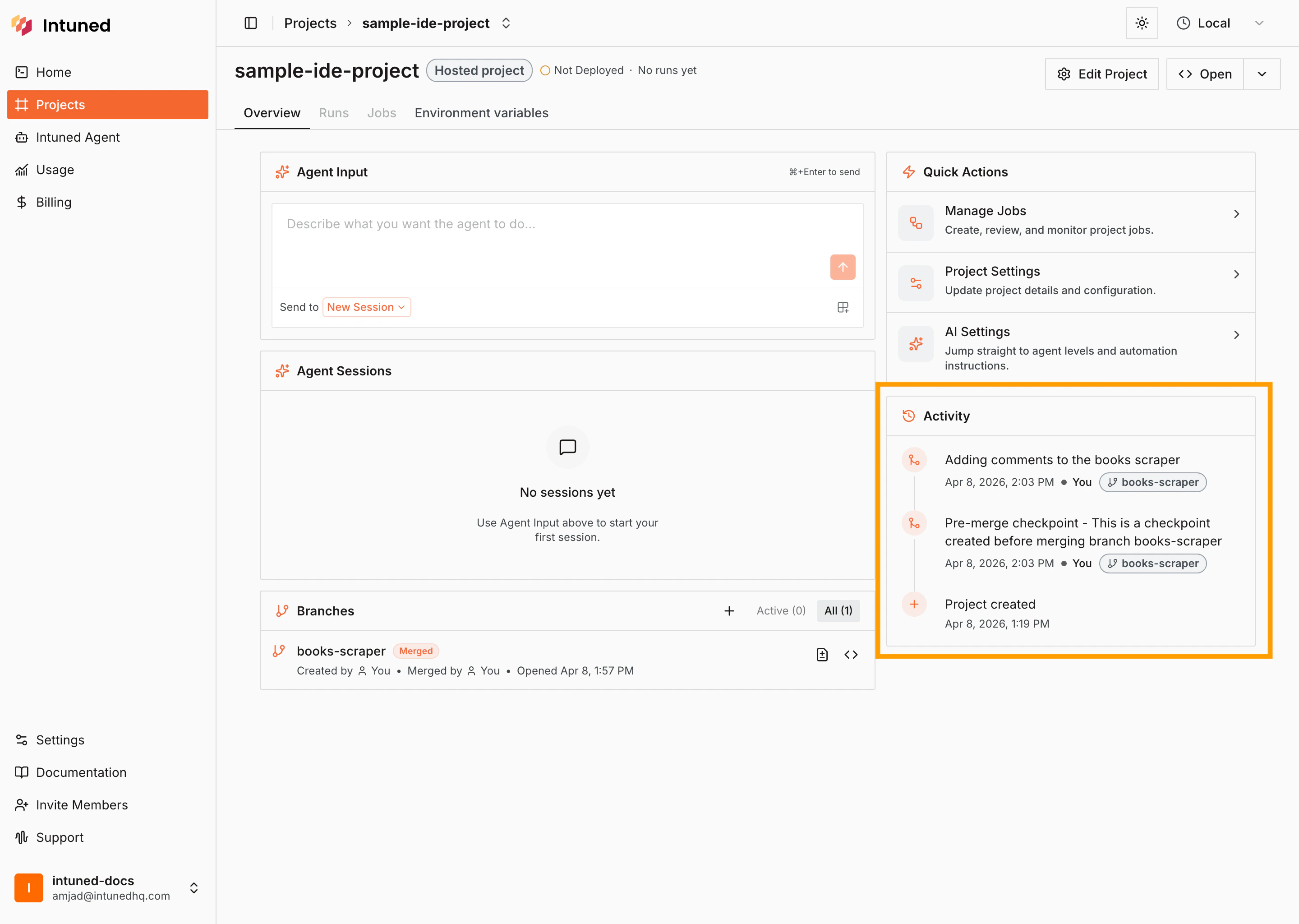 Project Home activity panel showing checkpoint-related entries