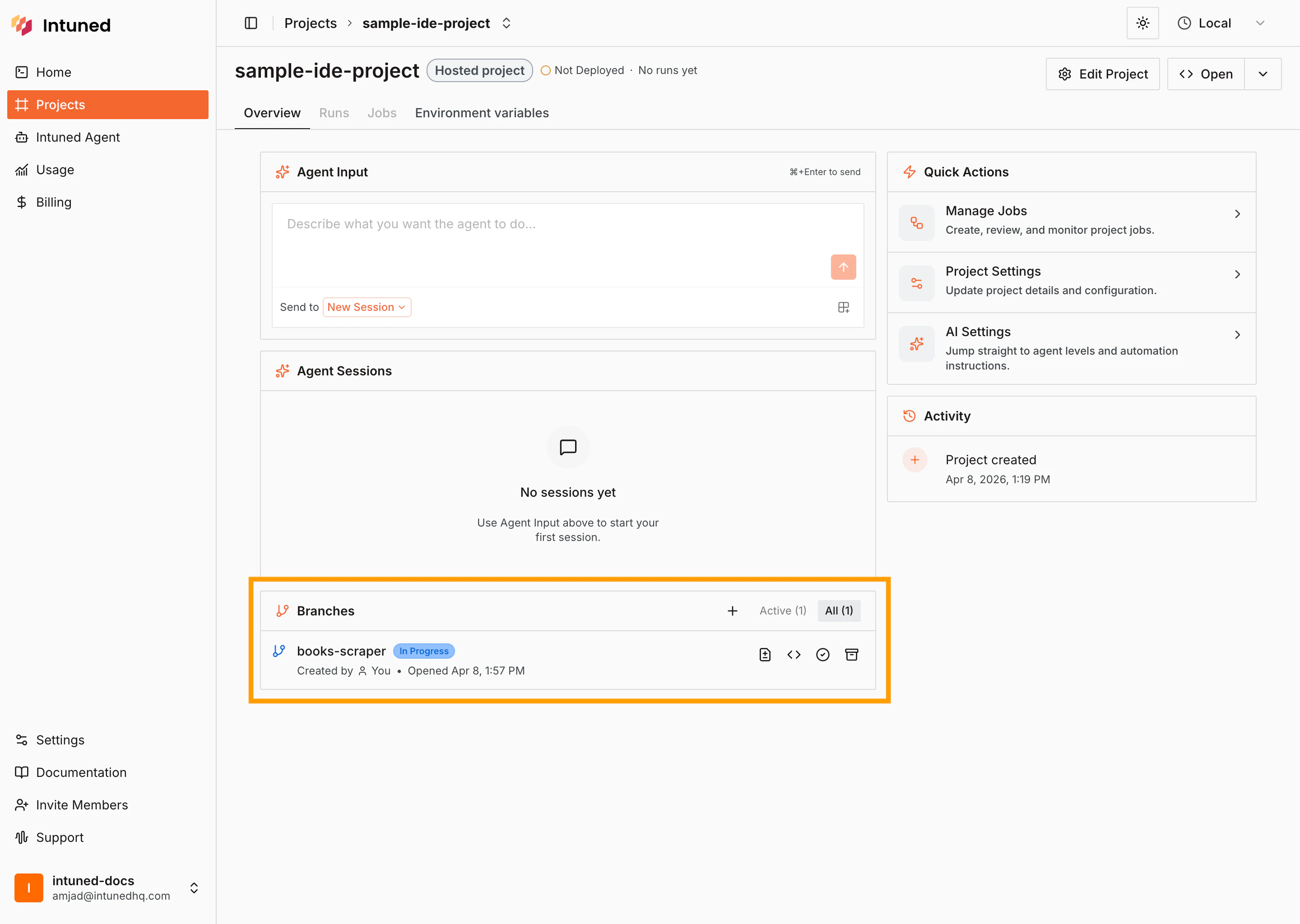 Project Home showing the Branches section with the create branch action