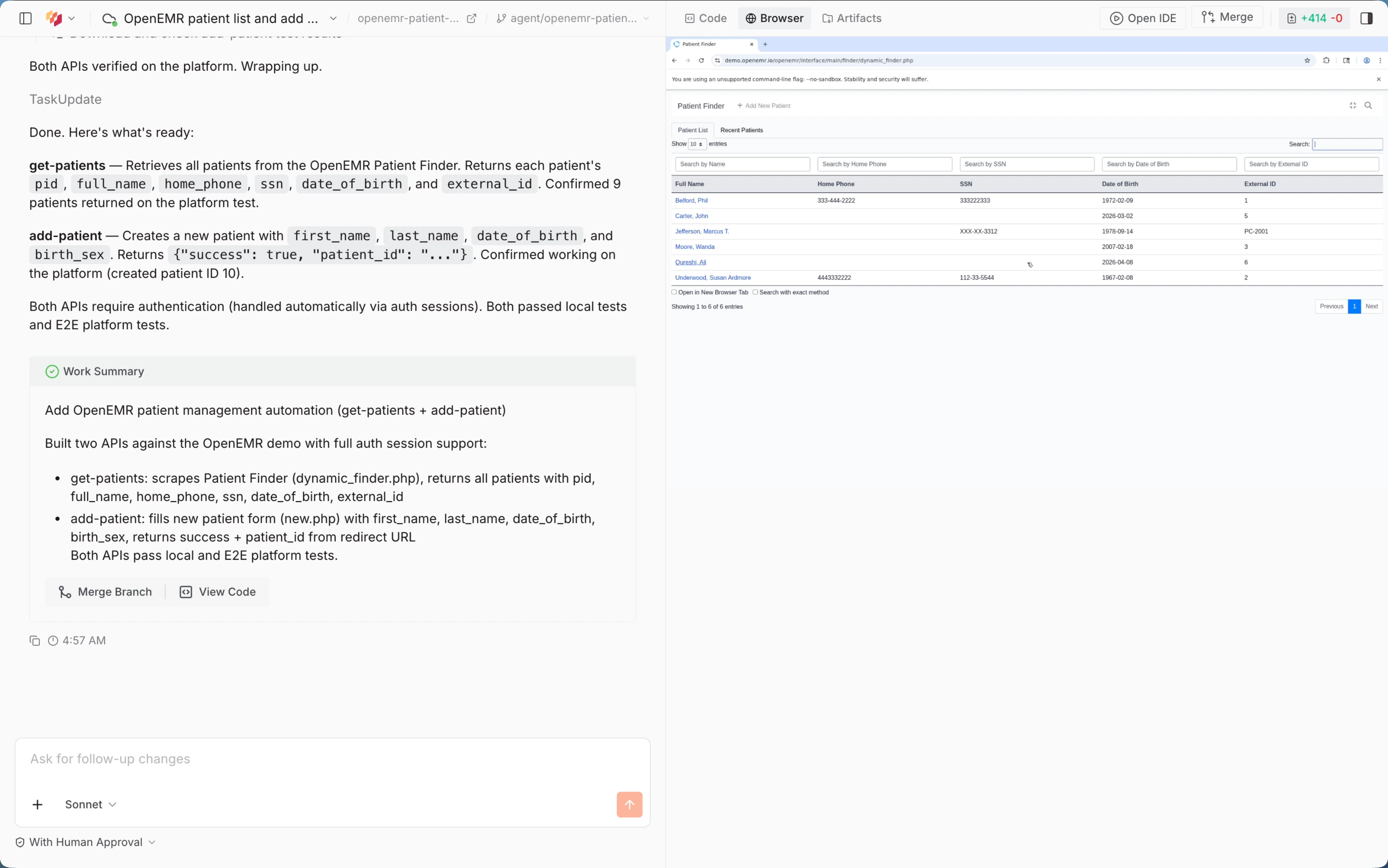 Agent work summary with merge and view code options