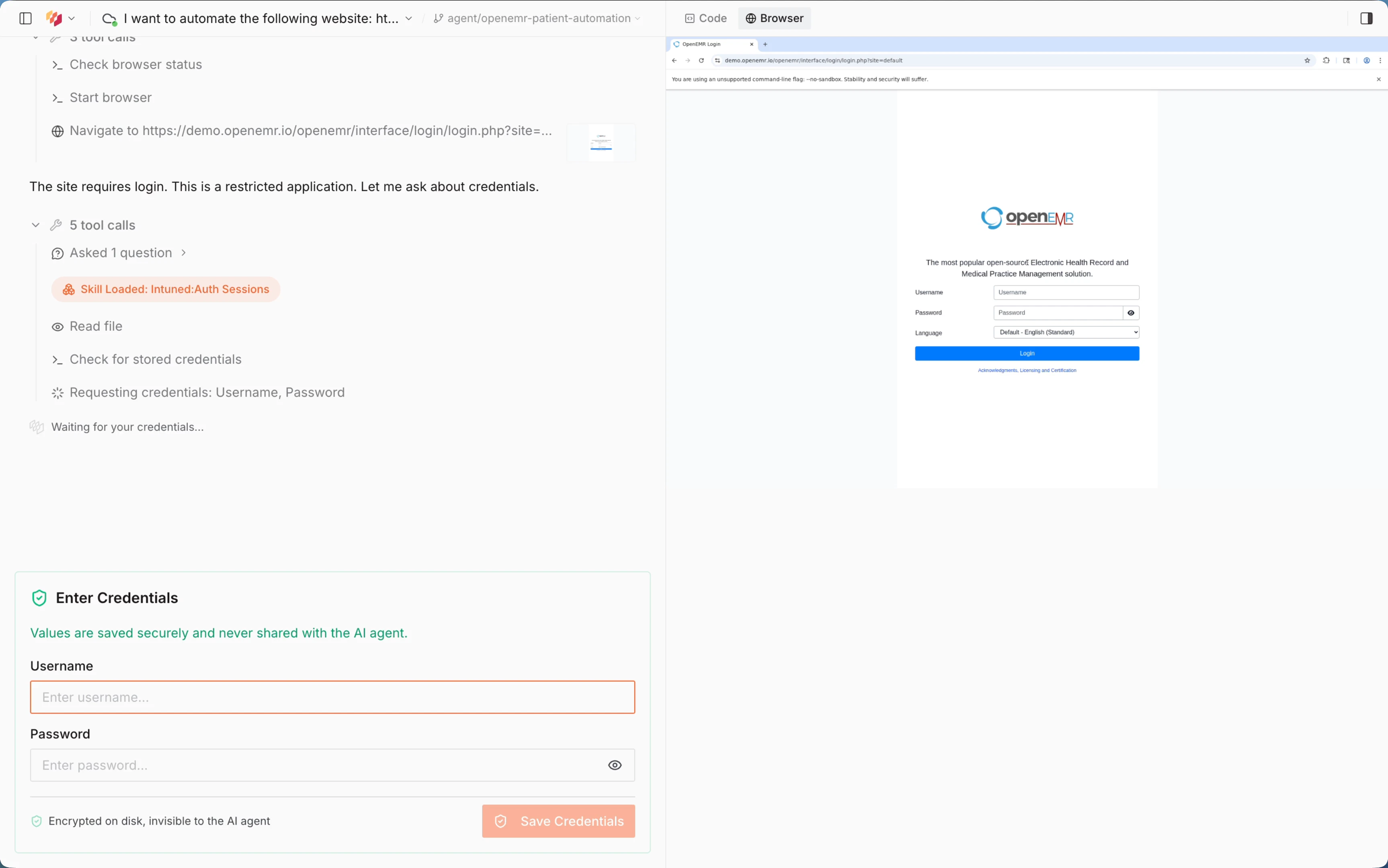 Enter credentials dialog