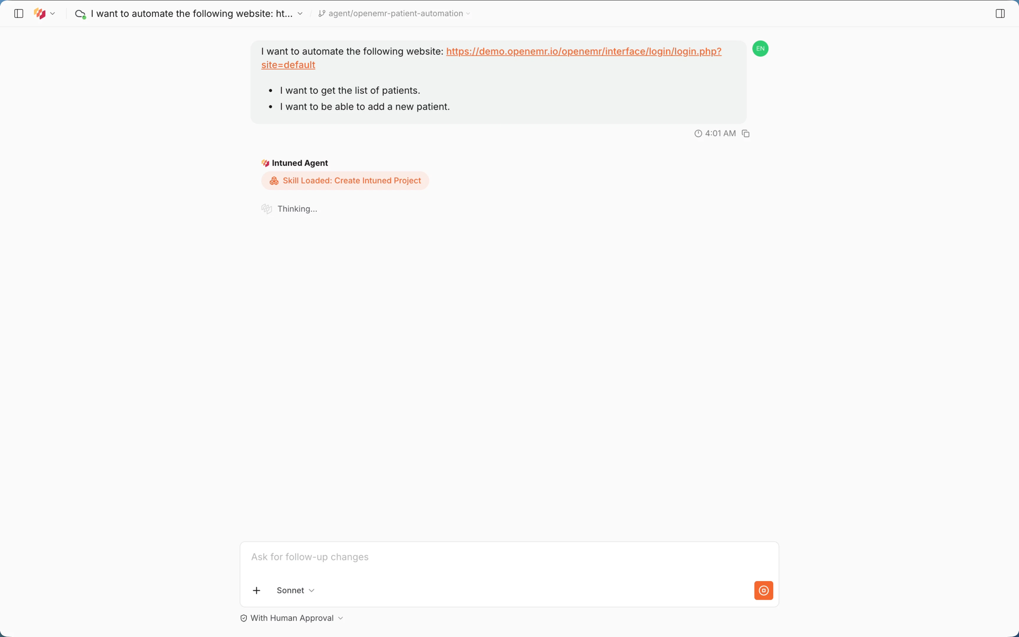 Intuned Agent session starting