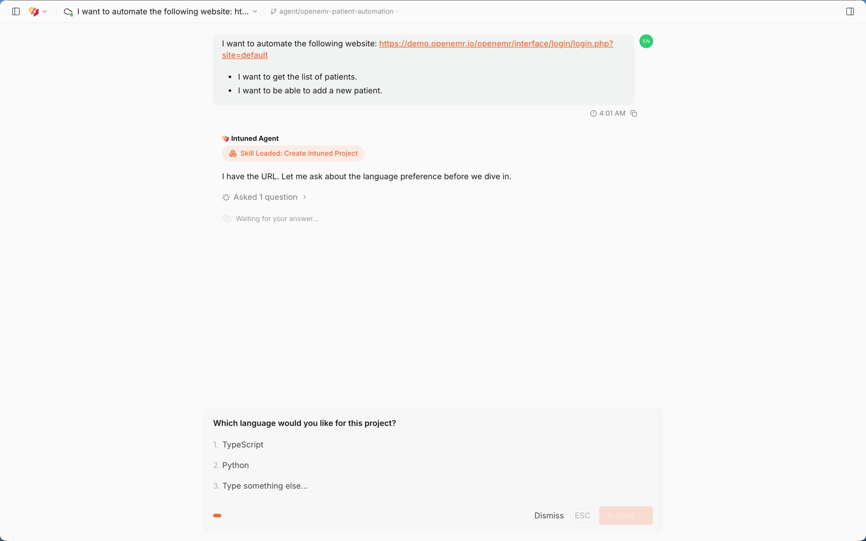 Agent asking which language to use