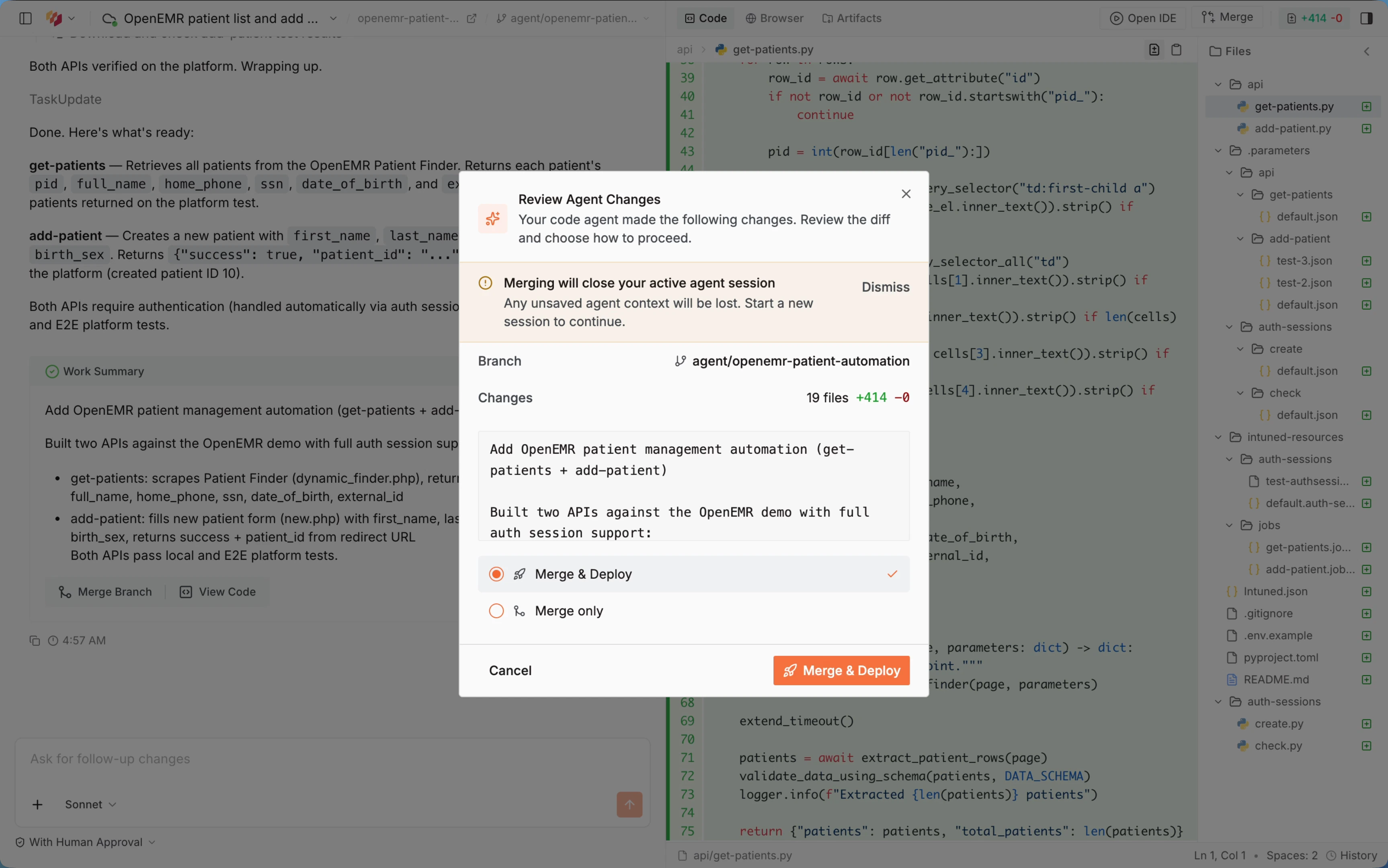 Merge and deploy dialog