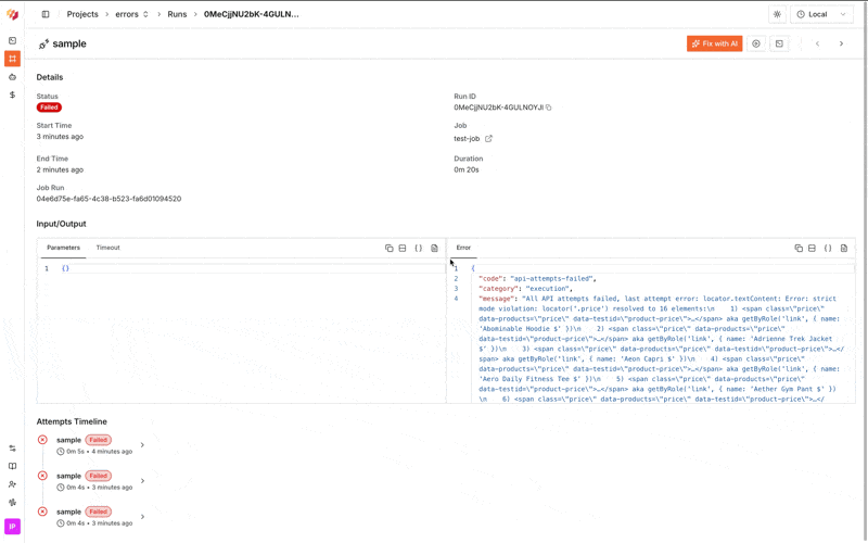 Viewing logs from attempts timeline