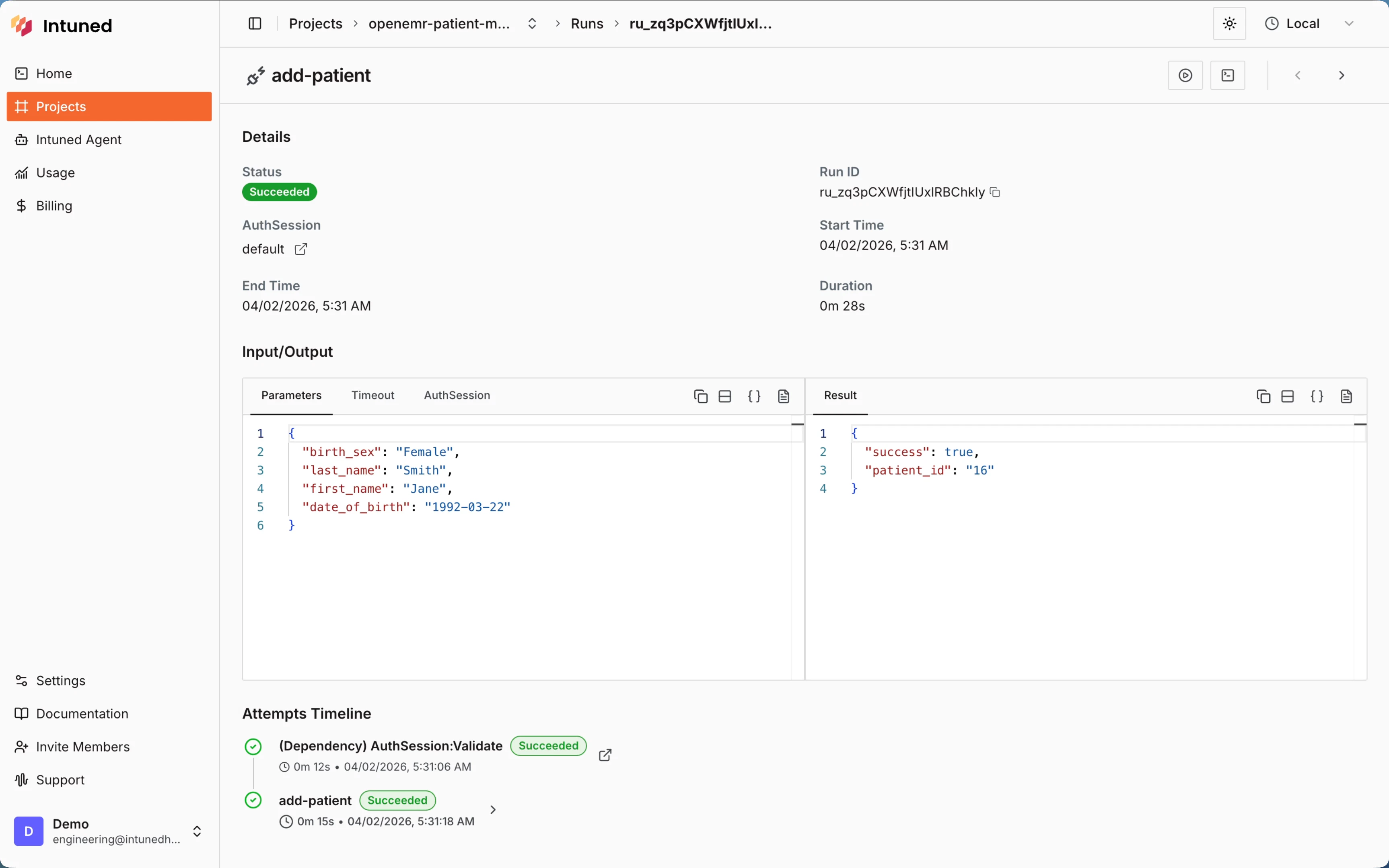 Successful add-patient run with parameters and result