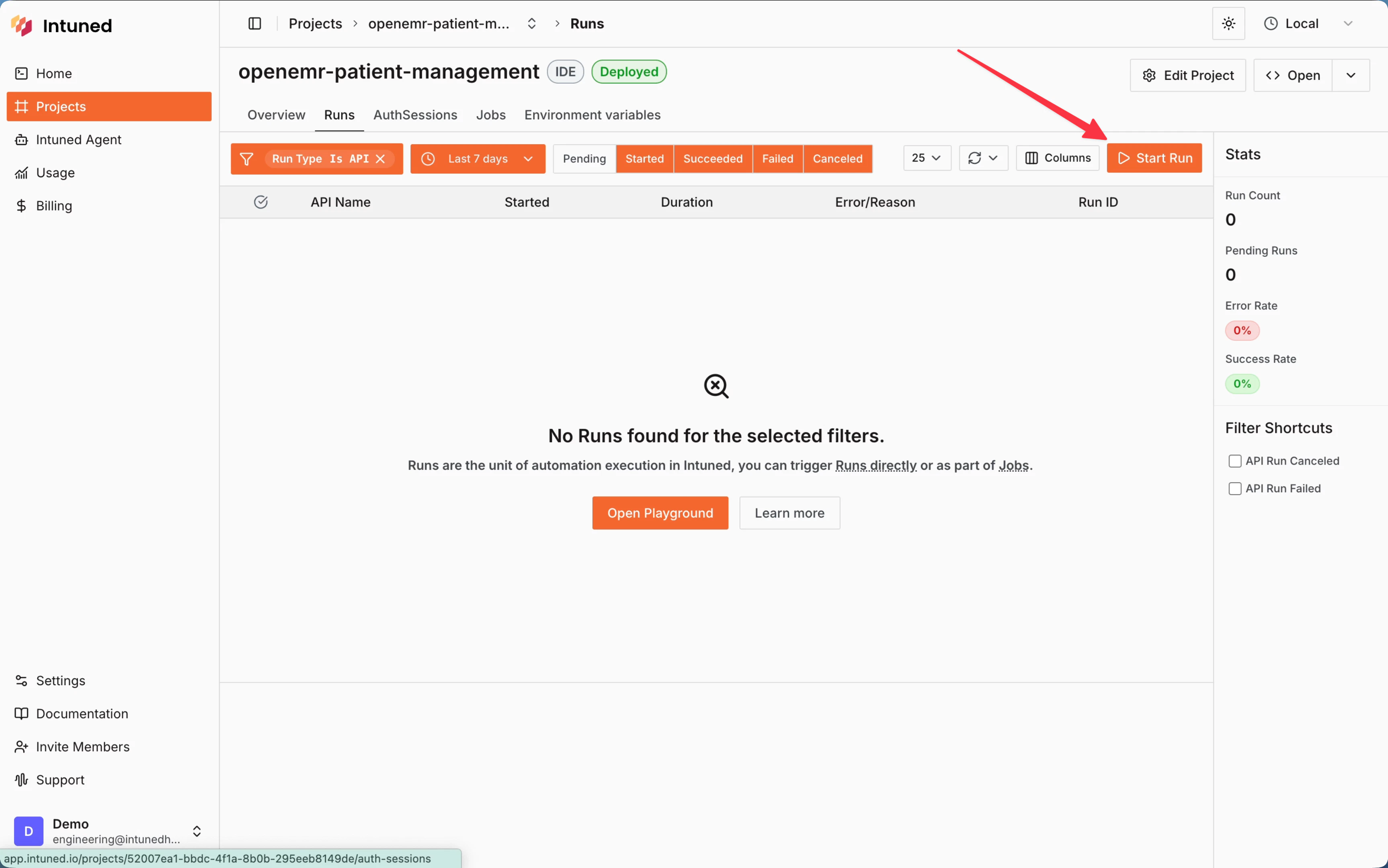 Project runs page with Start Run button