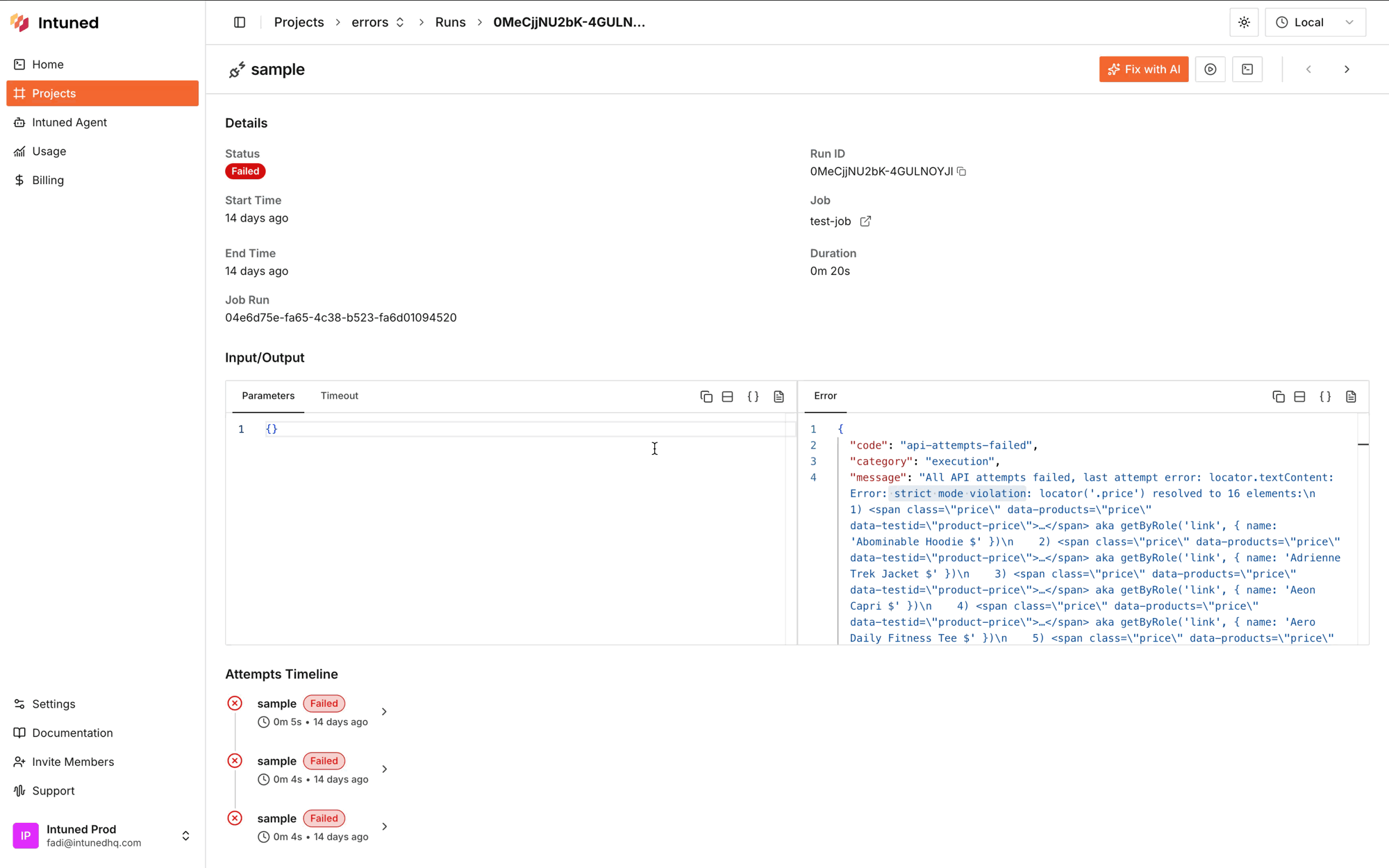 Viewing logs from attempts timeline