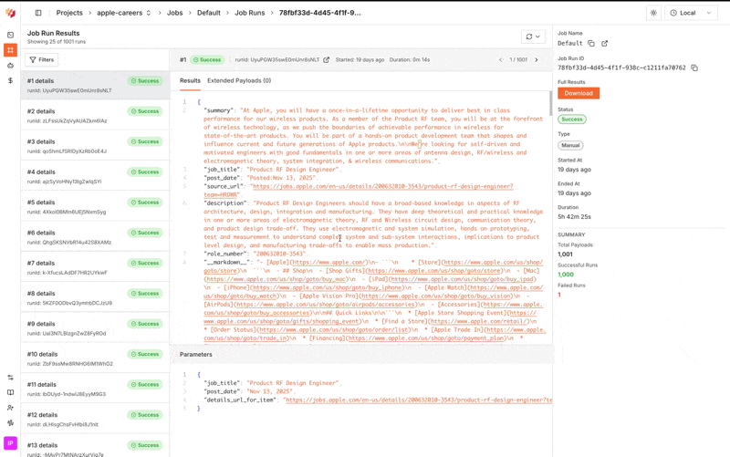 Filtering runs by API name