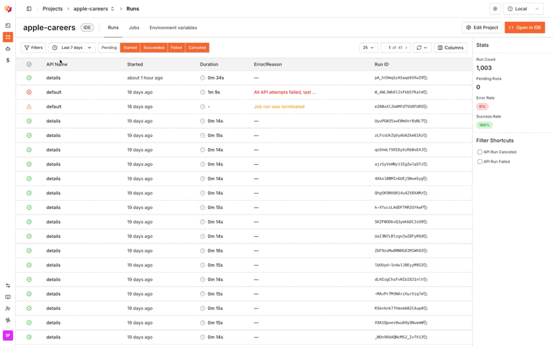Filtering runs by run ID