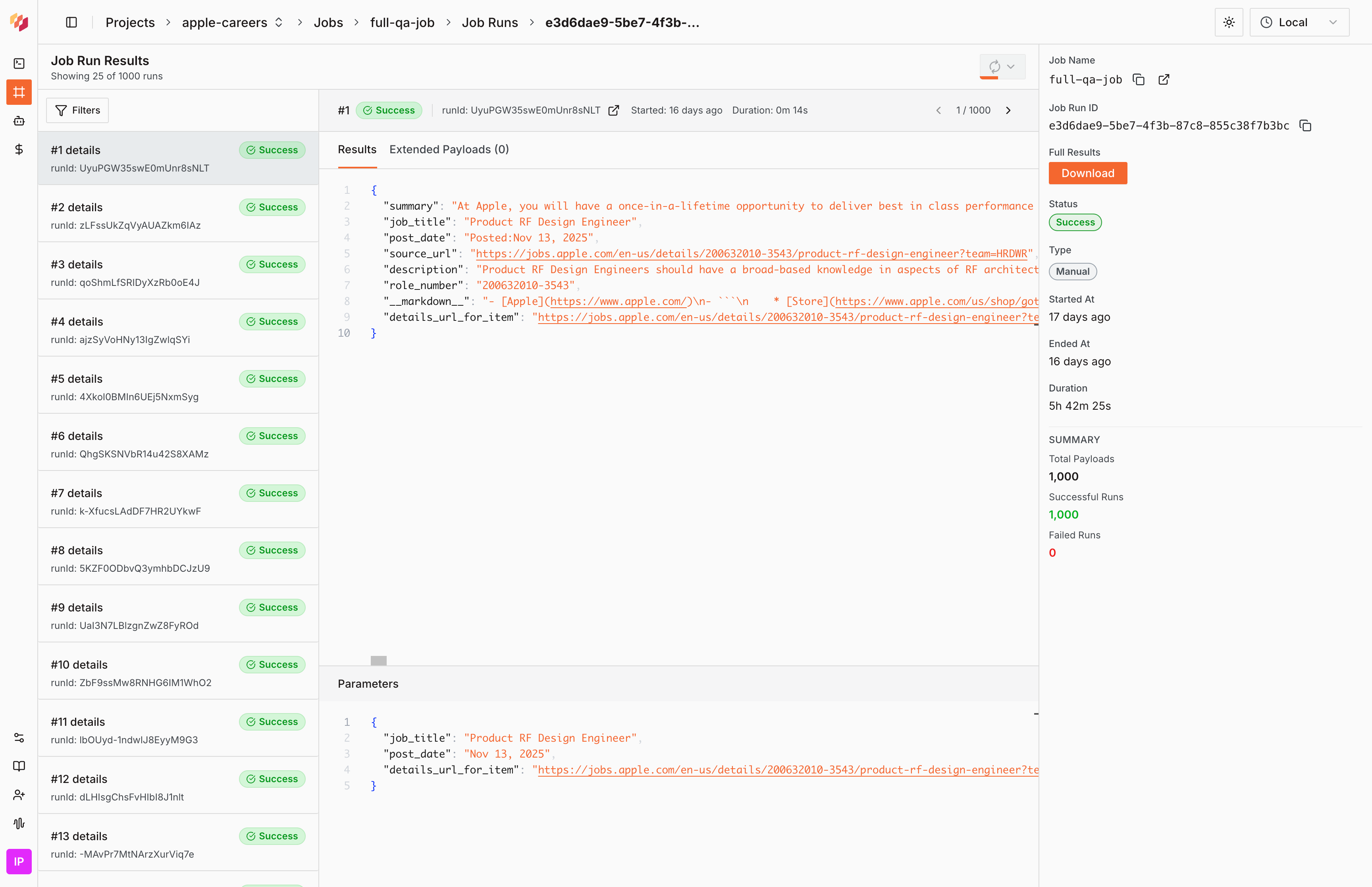 All API runs for the selected job run