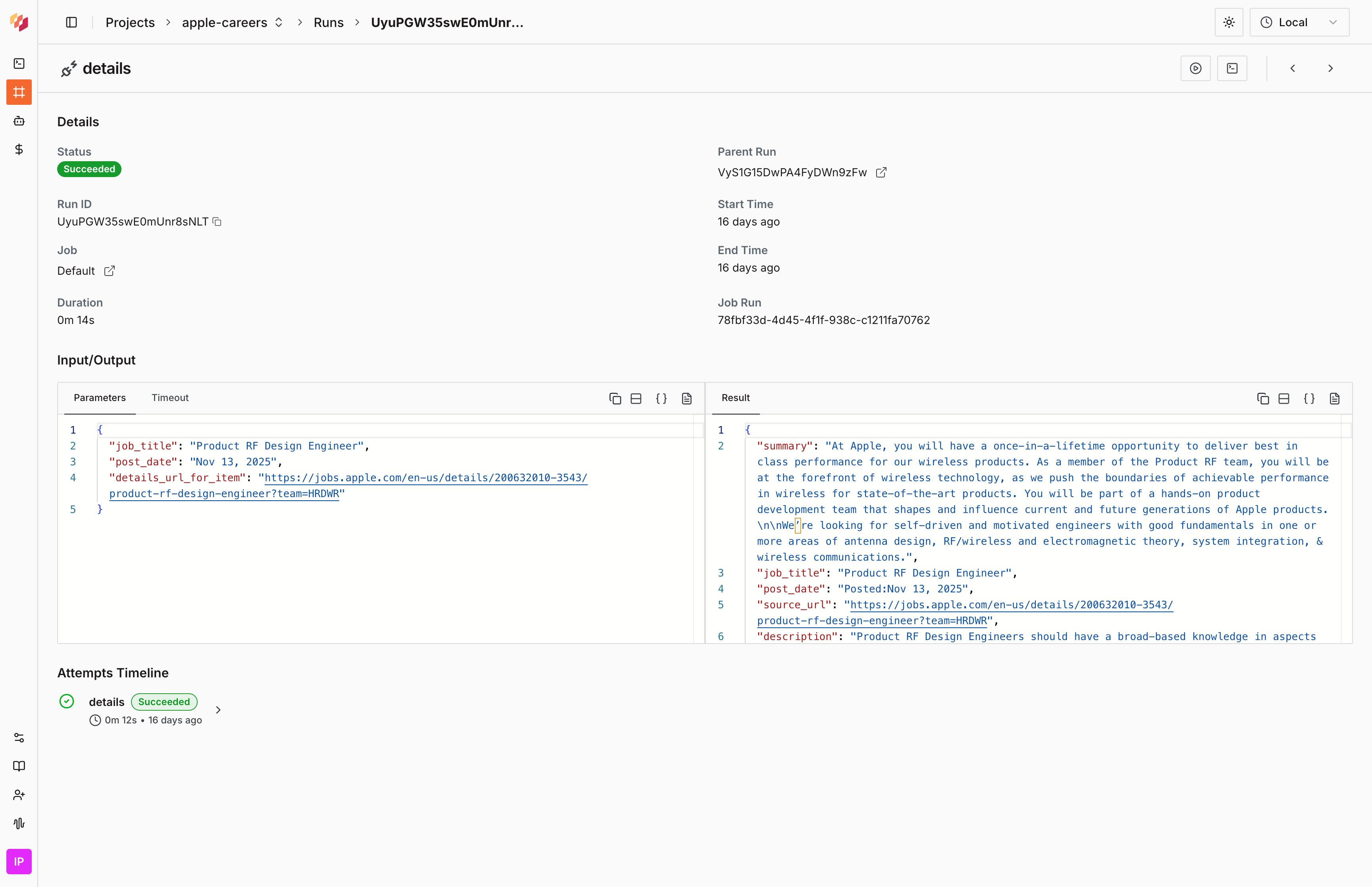 Run details page showing results