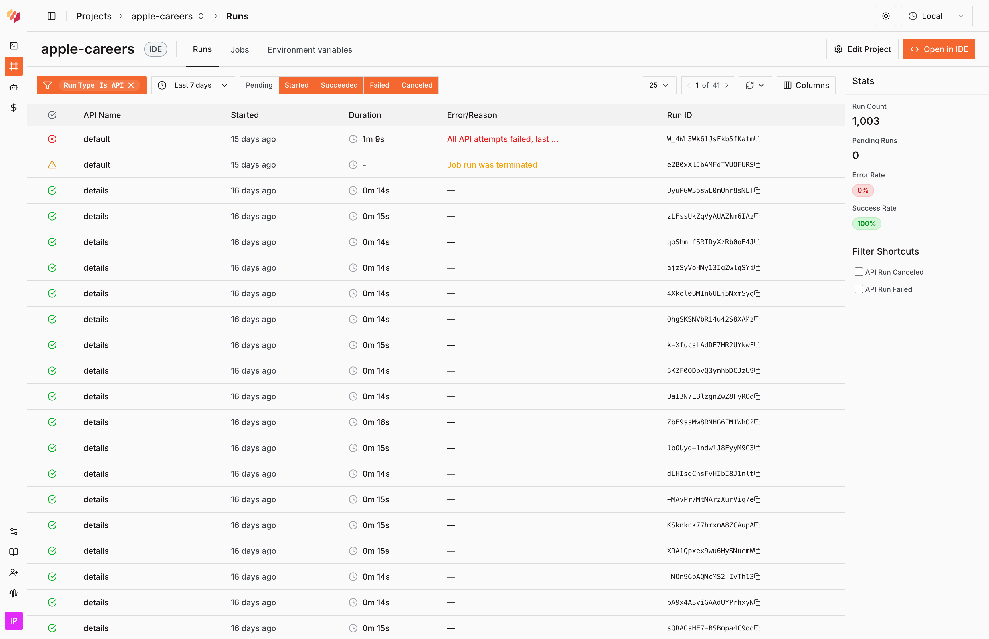 Runs tab showing API executions