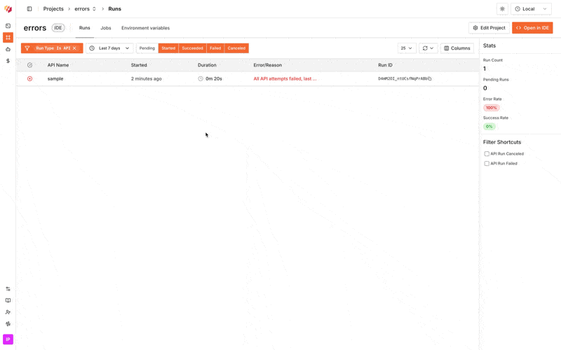 Checking error message in Error tab