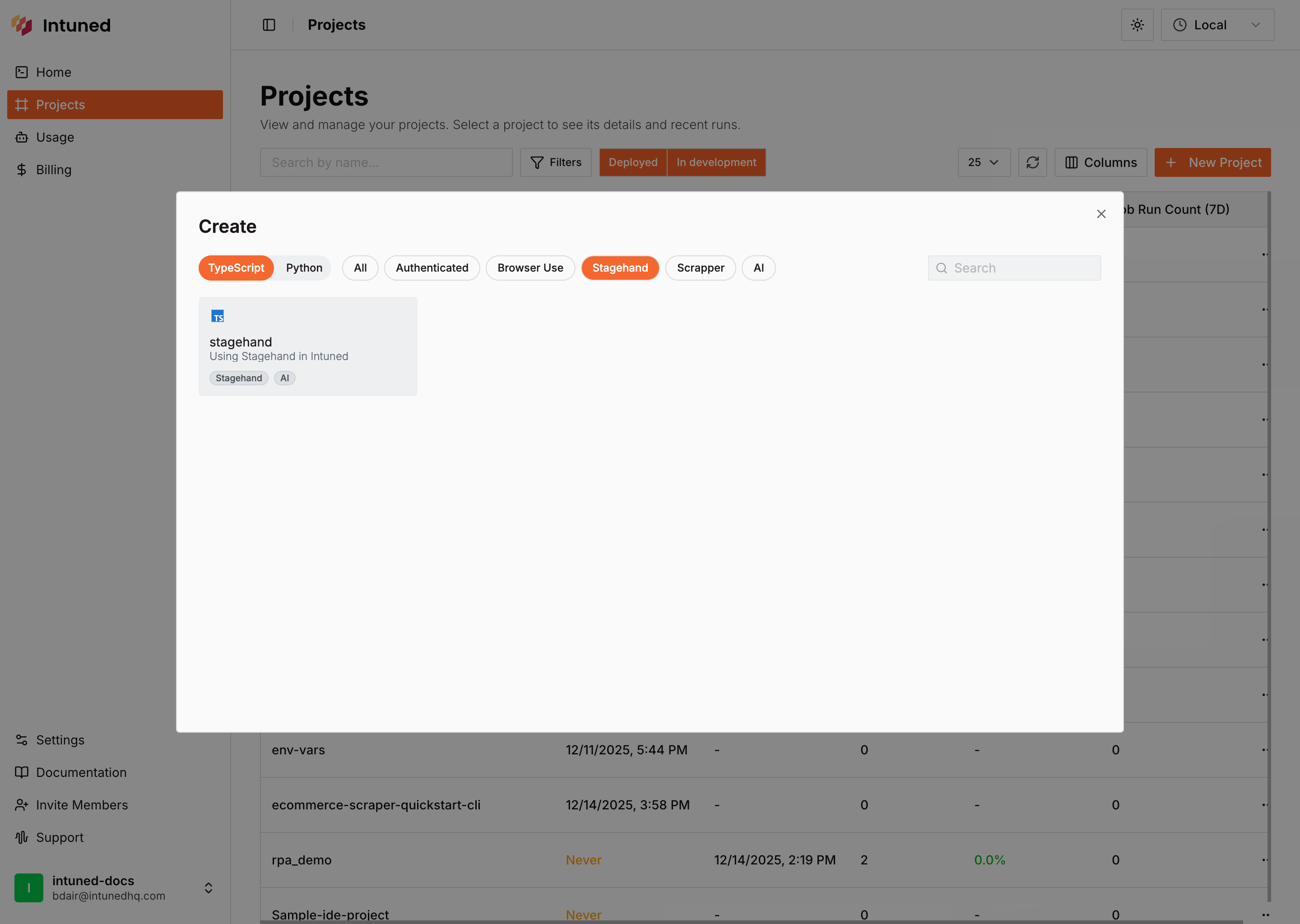 Create Stagehand project from template