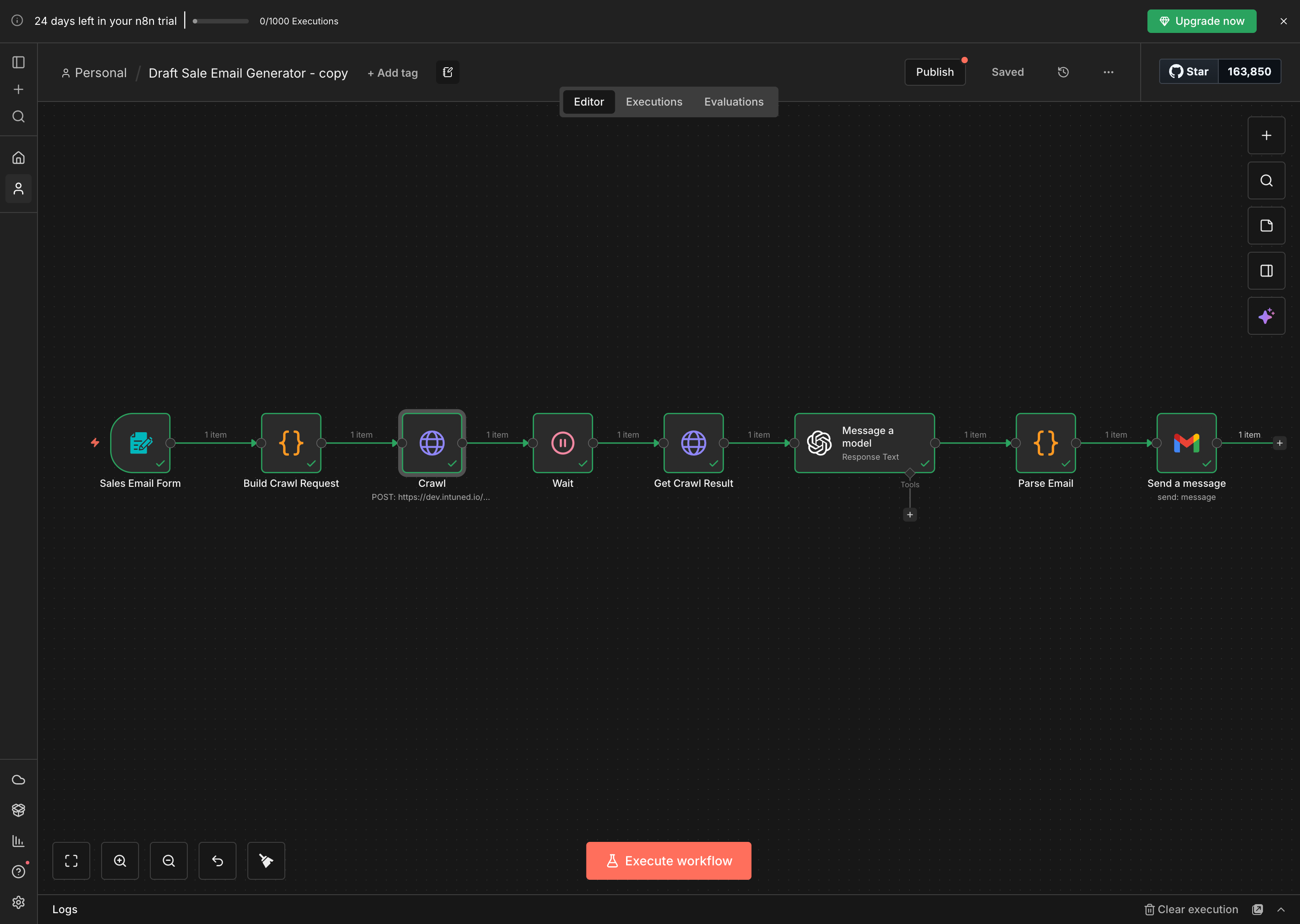 Workflow executing showing data flowing through each node