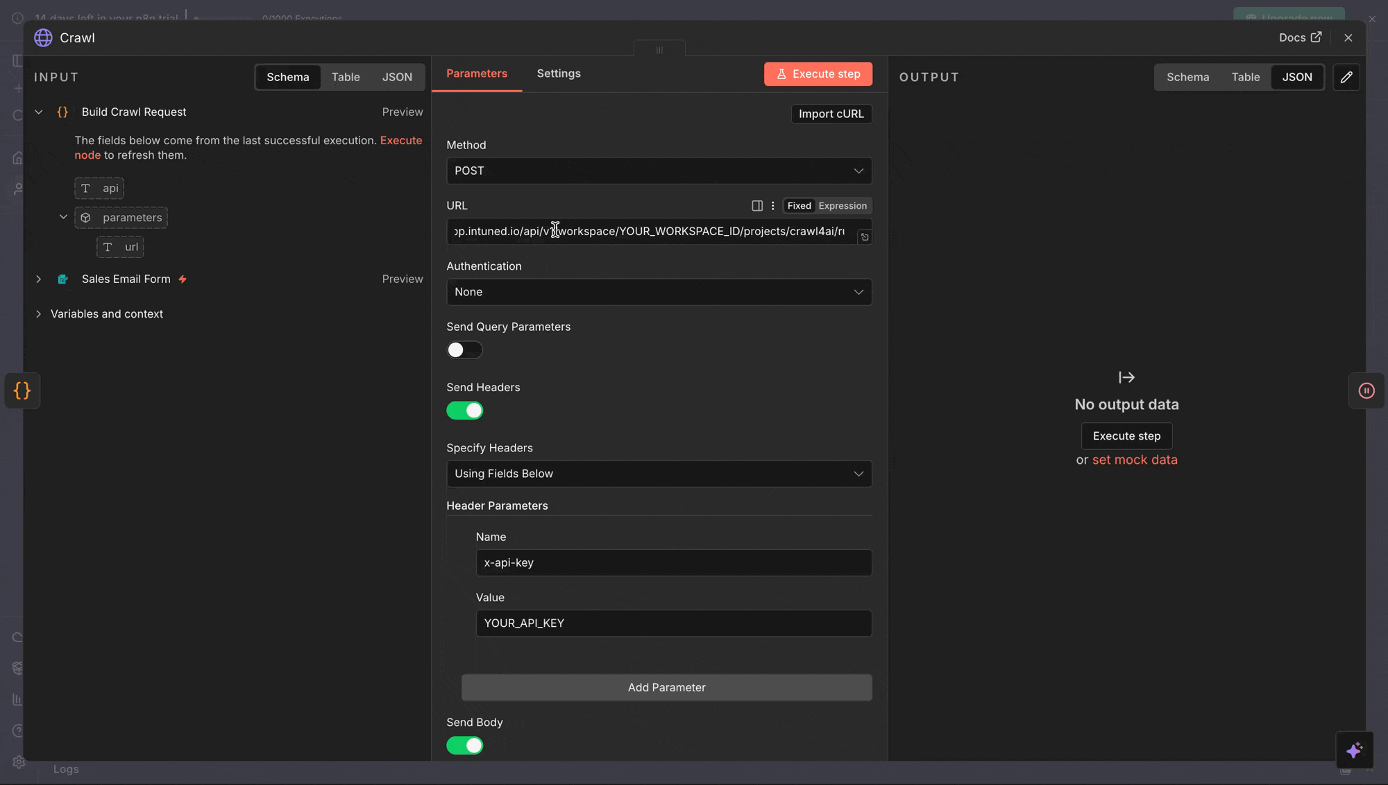 HTTP Request node configuration showing Intuned API endpoint and headers