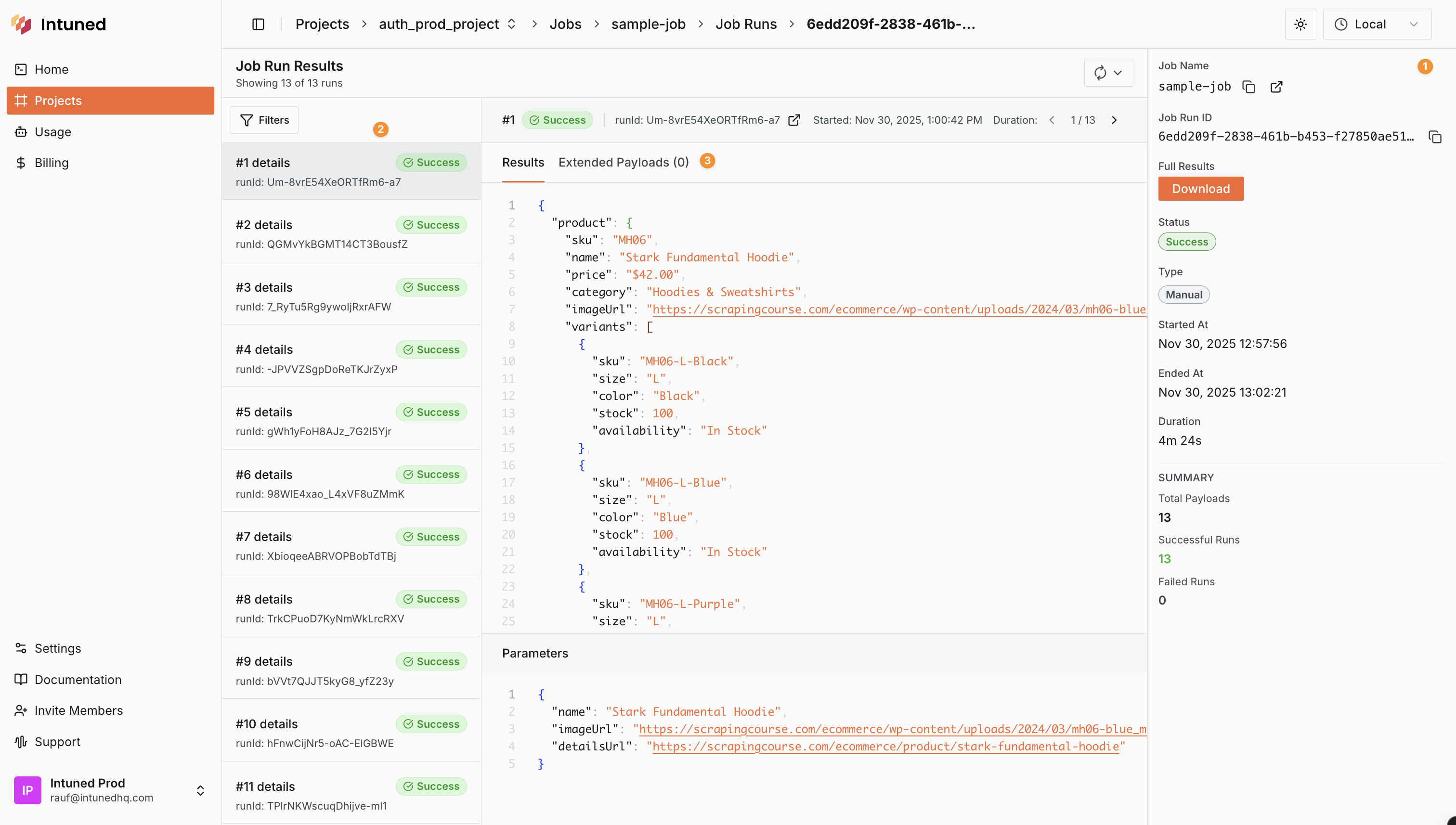Screenshot of JobRun details showing summary information and filterable list of API Runs