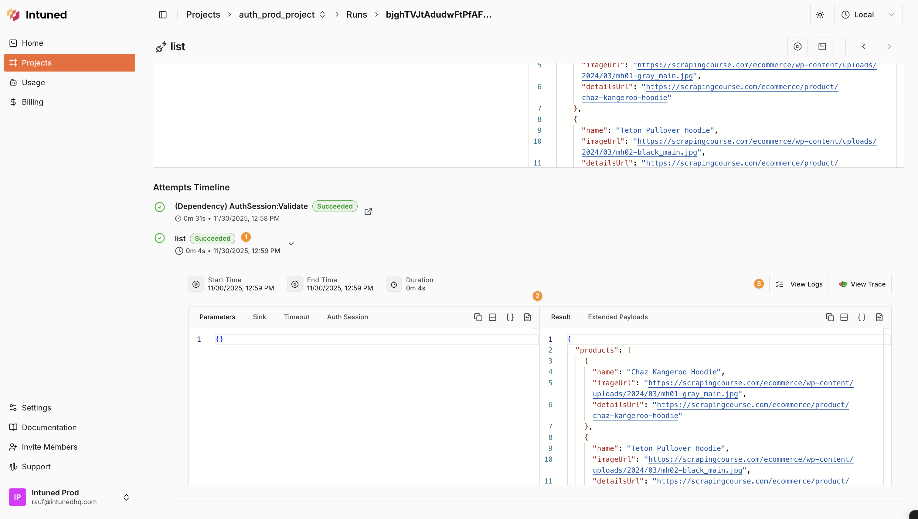 Screenshot of Run attempts timeline showing multiple attempt entries with status and duration