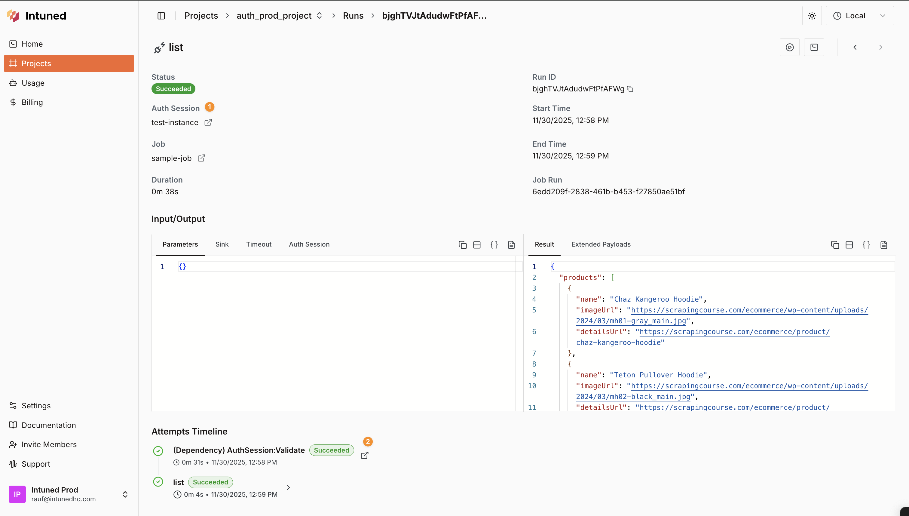 Screenshot of Run details page with AuthSession field highlighted in metadata and dependency shown in timeline