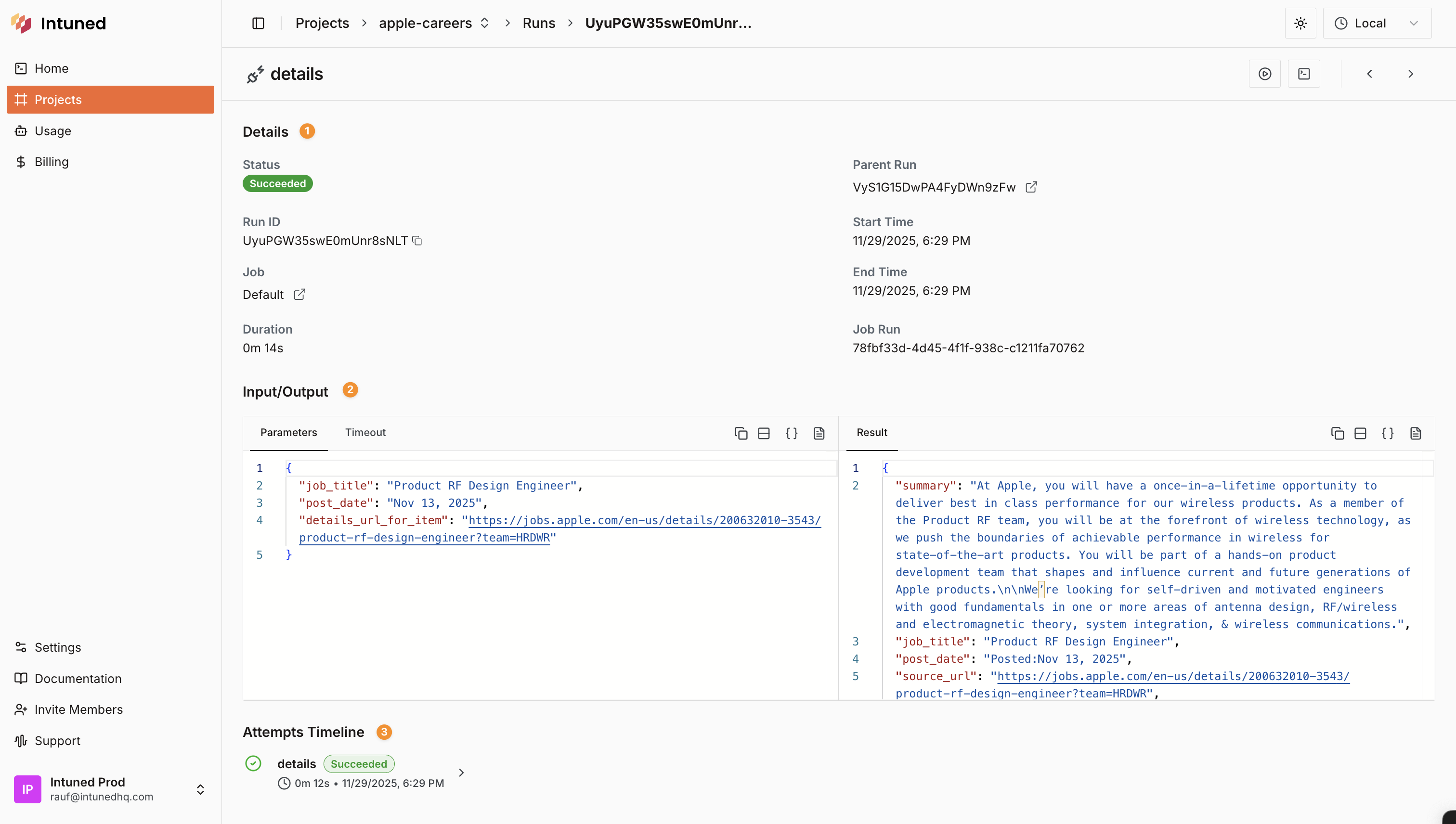 Screenshot of Run details page showing metadata, input/output panels, and attempts timeline