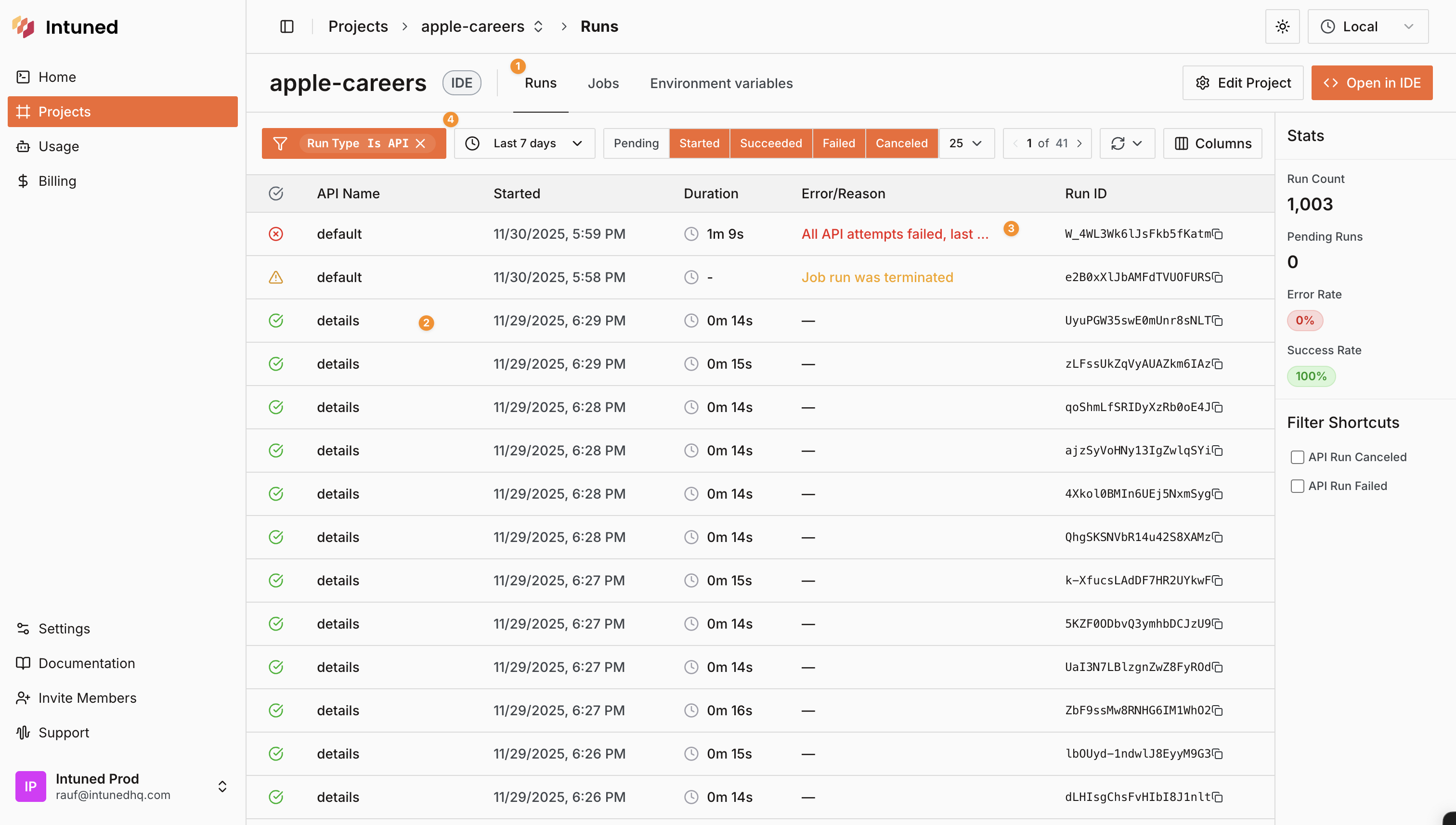 Screenshot of the Runs table showing multiple Run records with status, duration, and error columns