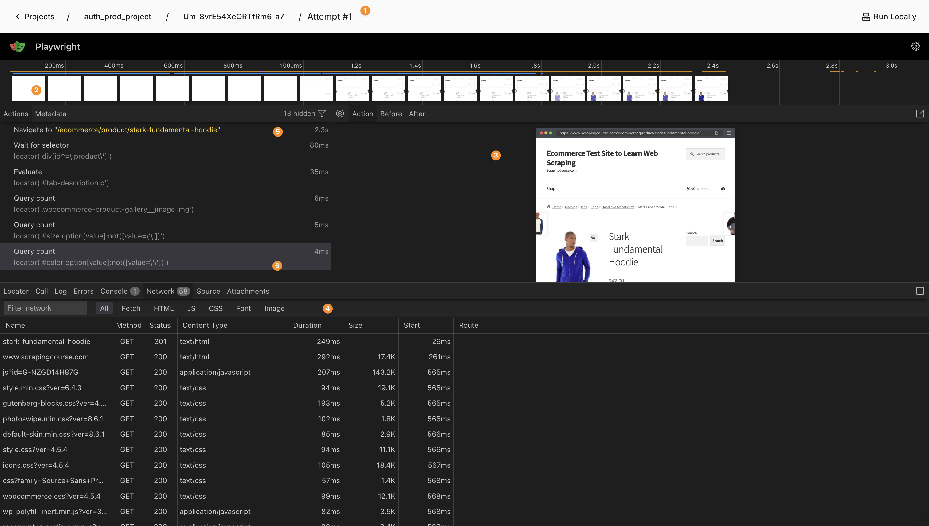 Screenshot of Playwright trace viewer showing step-by-step browser session replay with network and DOM inspection tools