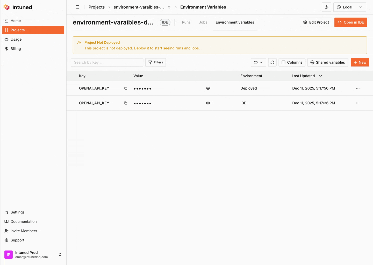 Workspace Level Environment Variables