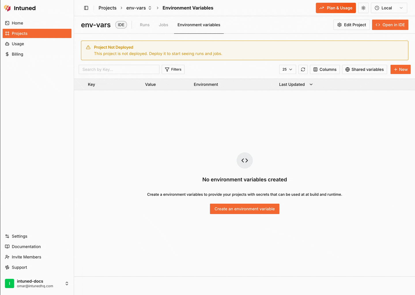 Workspace Level Environment Variables Side Panel