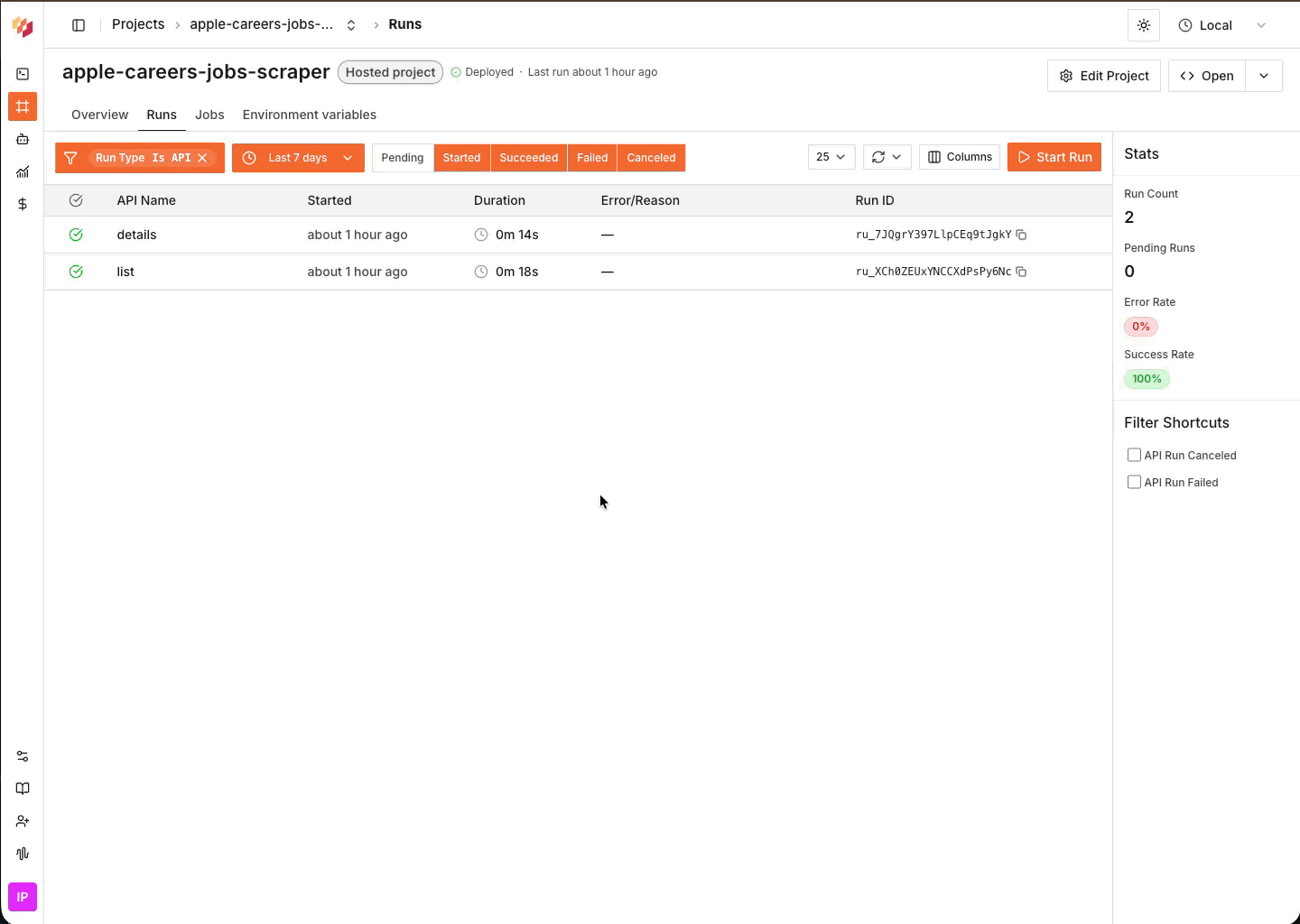 Project runs page with Start Run button