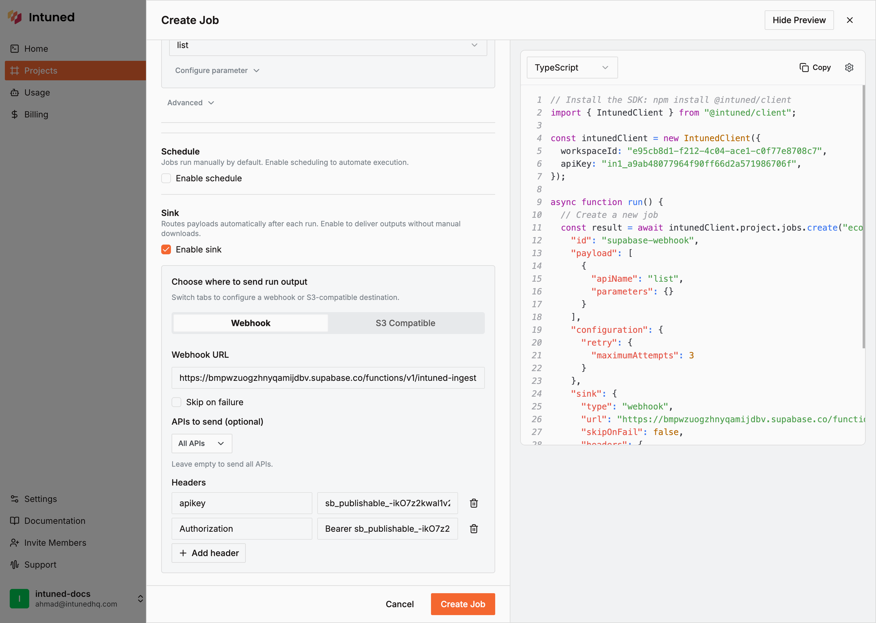 Intuned Job configuration with webhook sink for Supabase