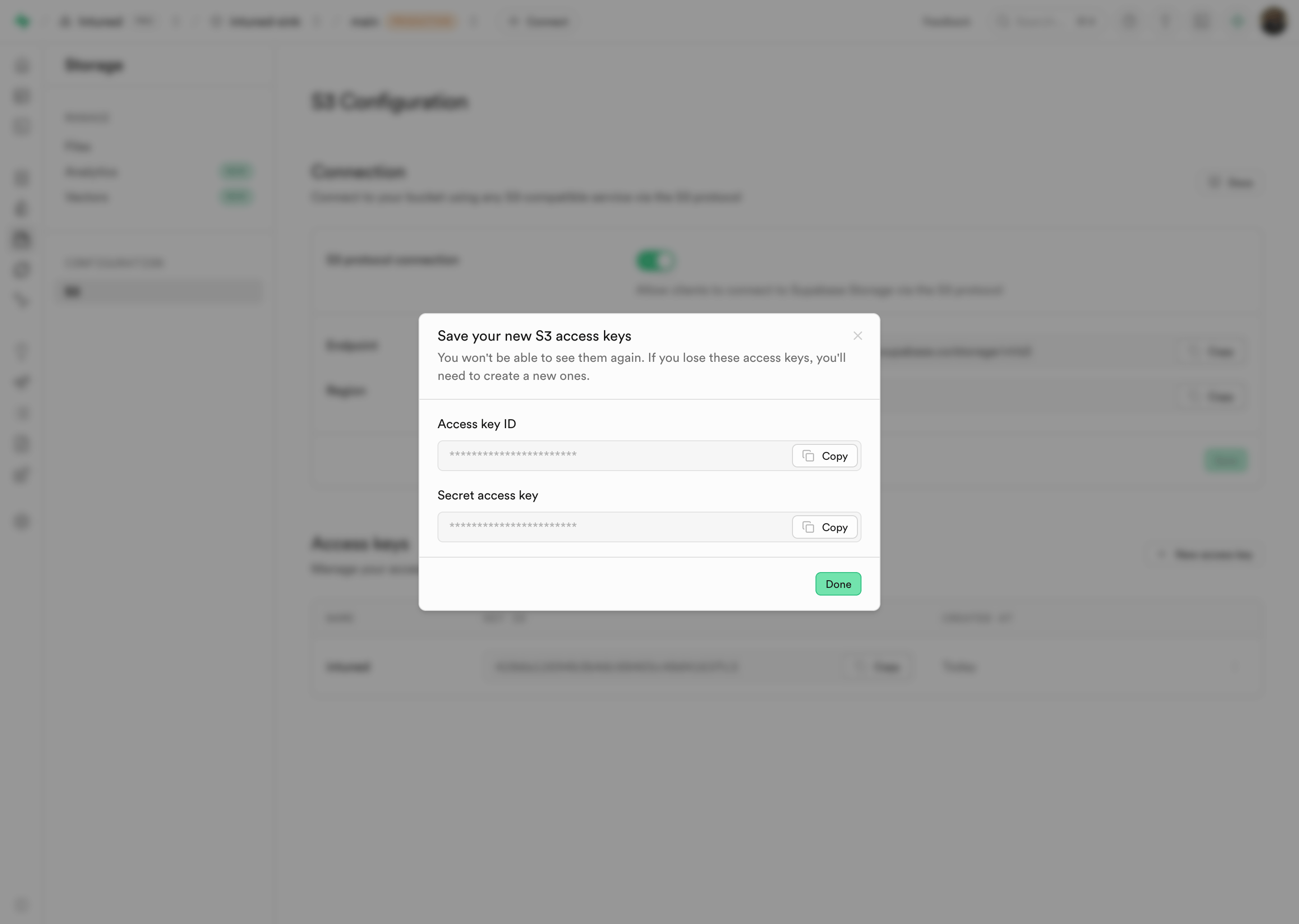 Supabase S3 access keys modal