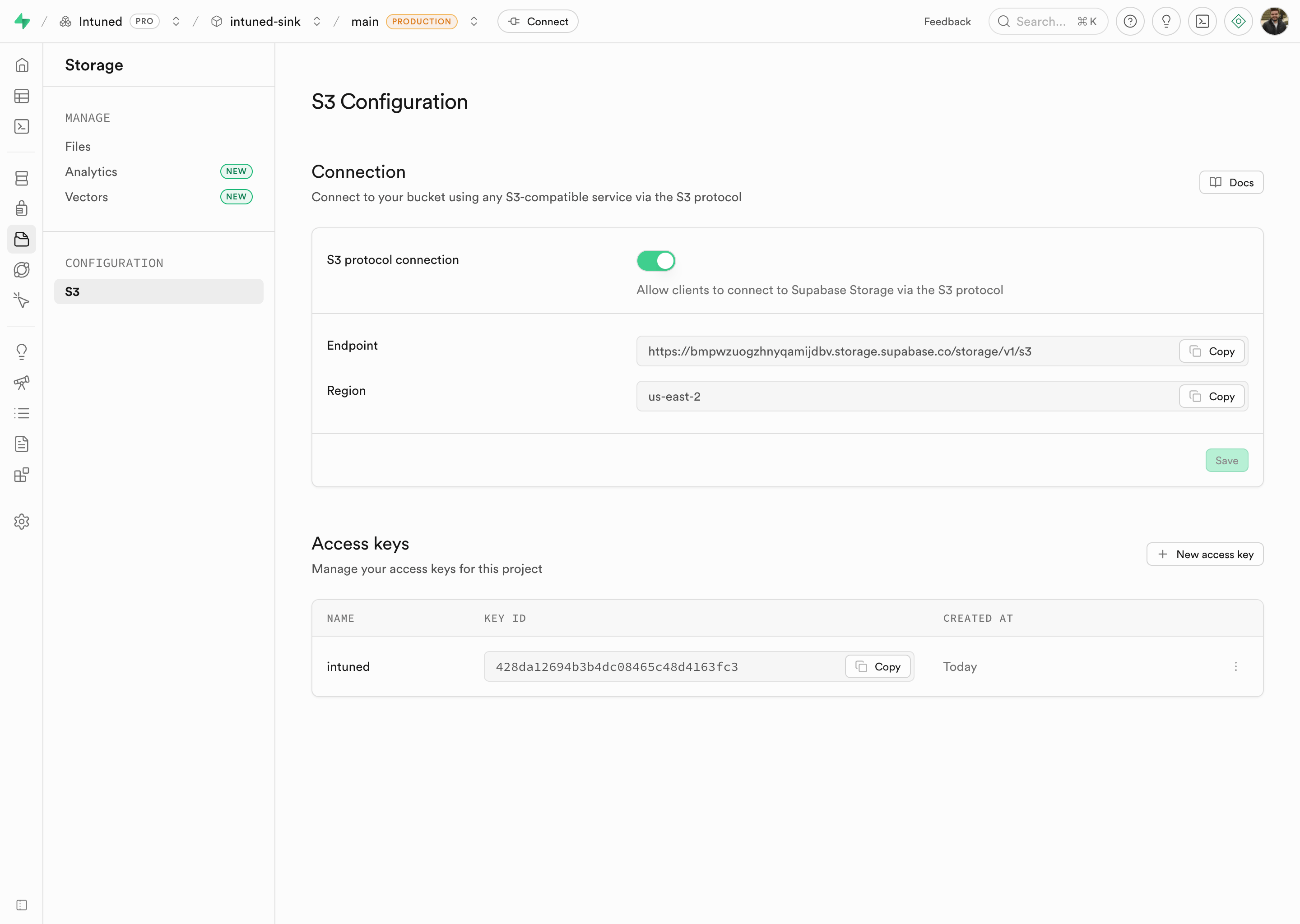 Supabase S3 Configuration showing endpoint and region