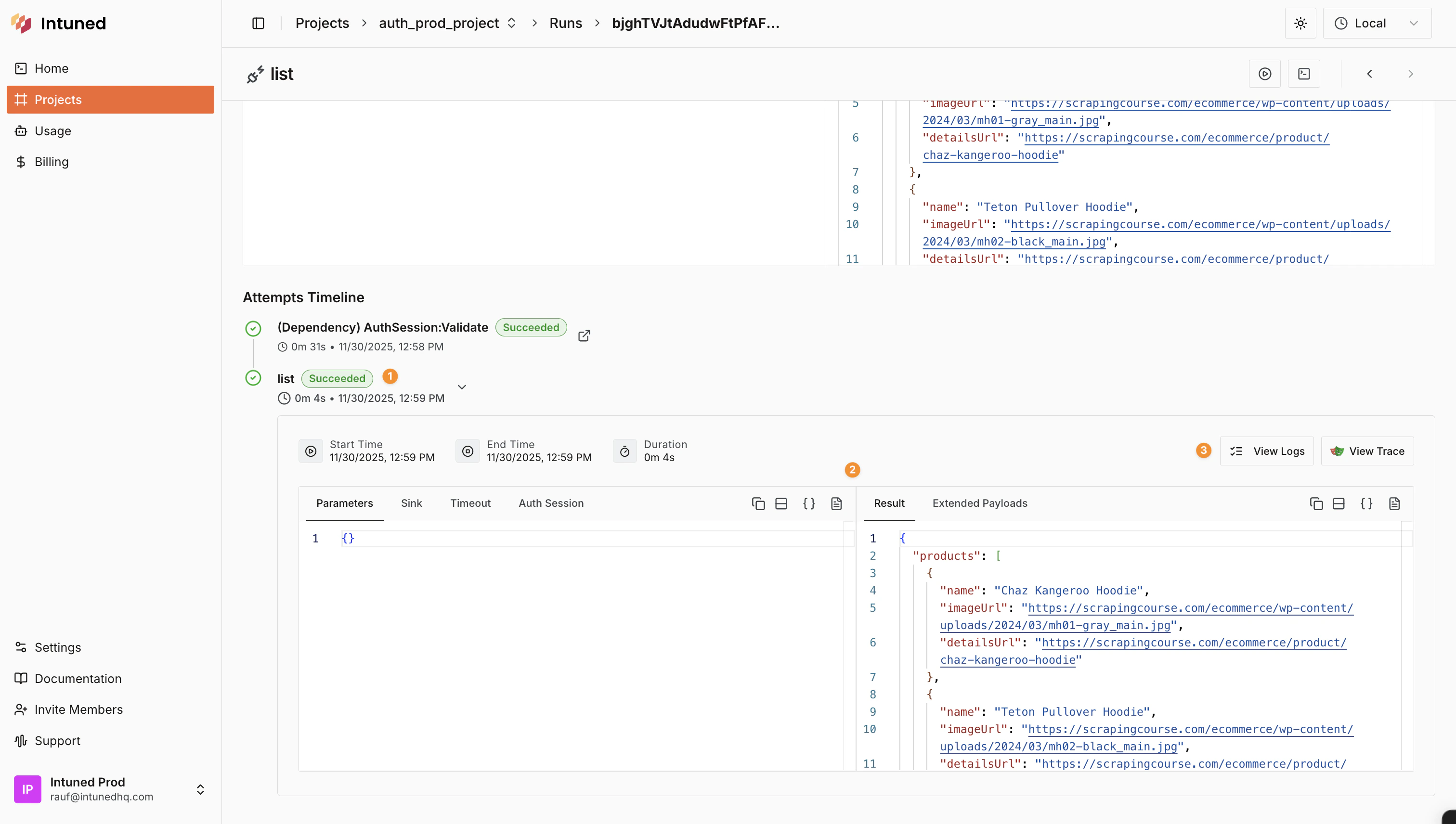 Screenshot of Run attempts timeline showing multiple attempt entries with status and duration
