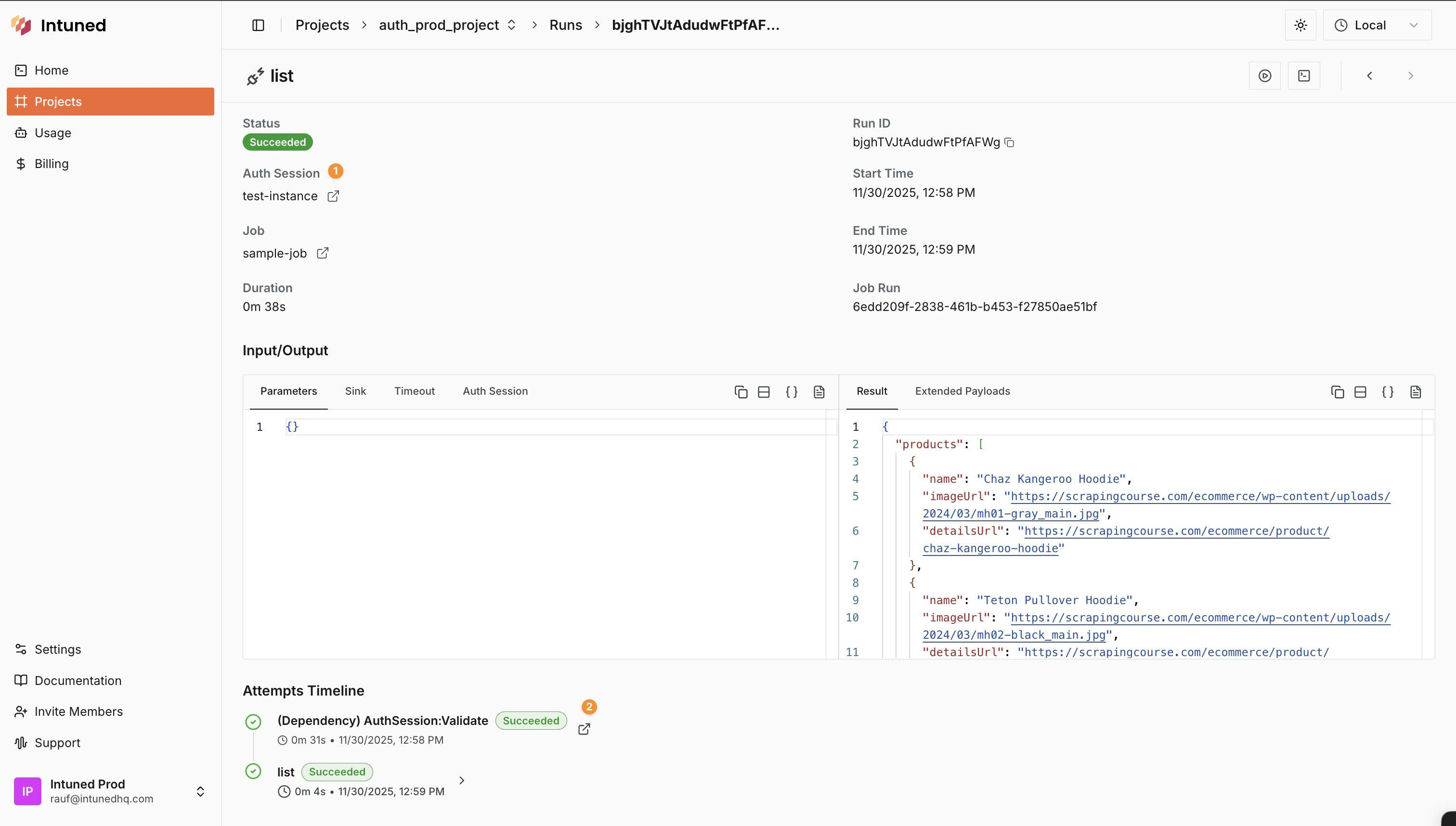 Screenshot of Run details page with AuthSession field highlighted in metadata and dependency shown in timeline
