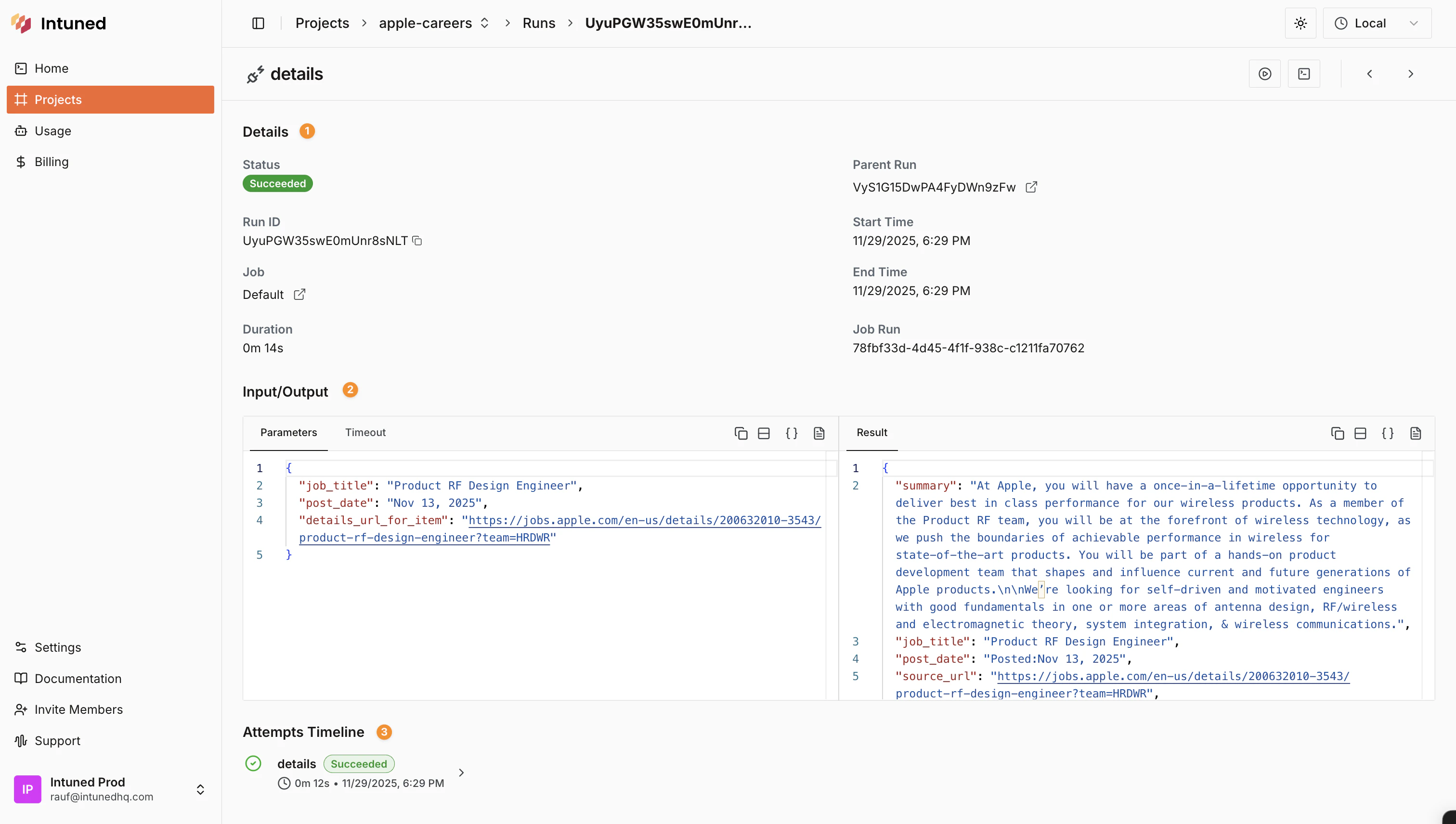 Screenshot of Run details page showing metadata, input/output panels, and attempts timeline