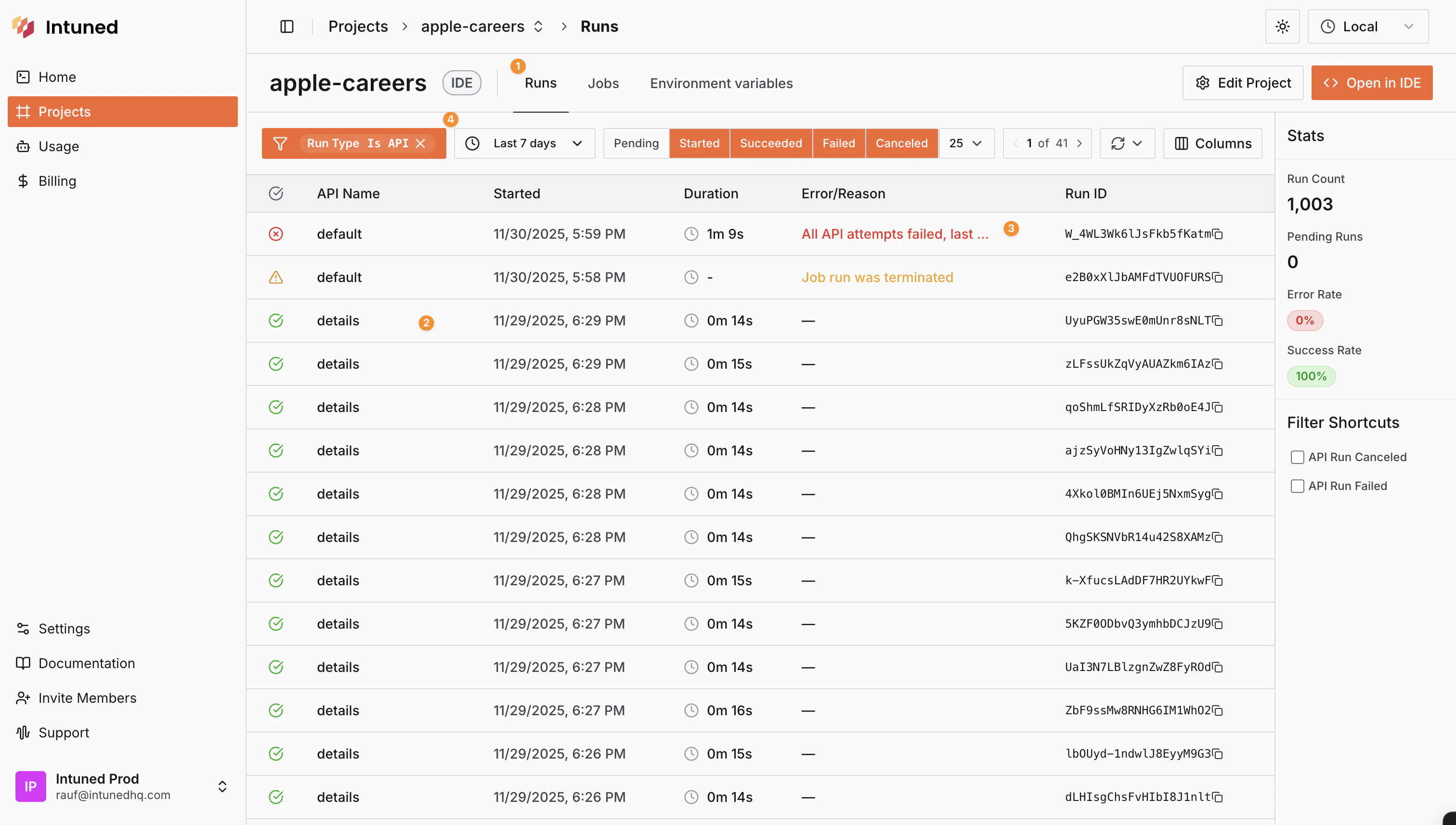 Screenshot of the Runs table showing multiple Run records with status, duration, and error columns