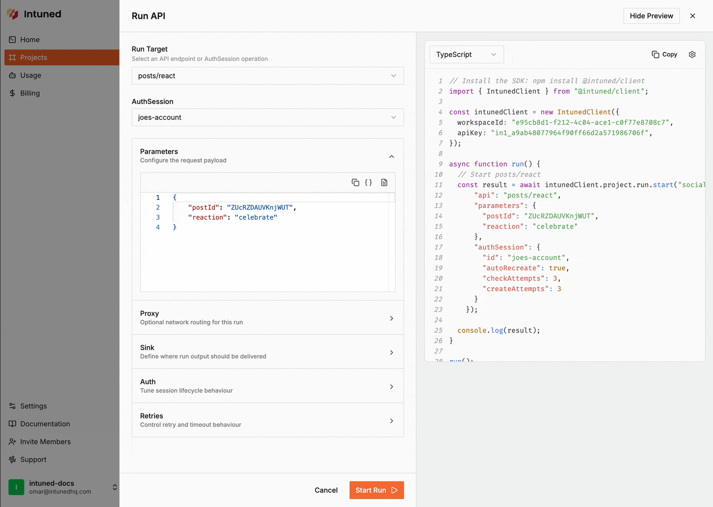 UI Run Playground Sink Configuration