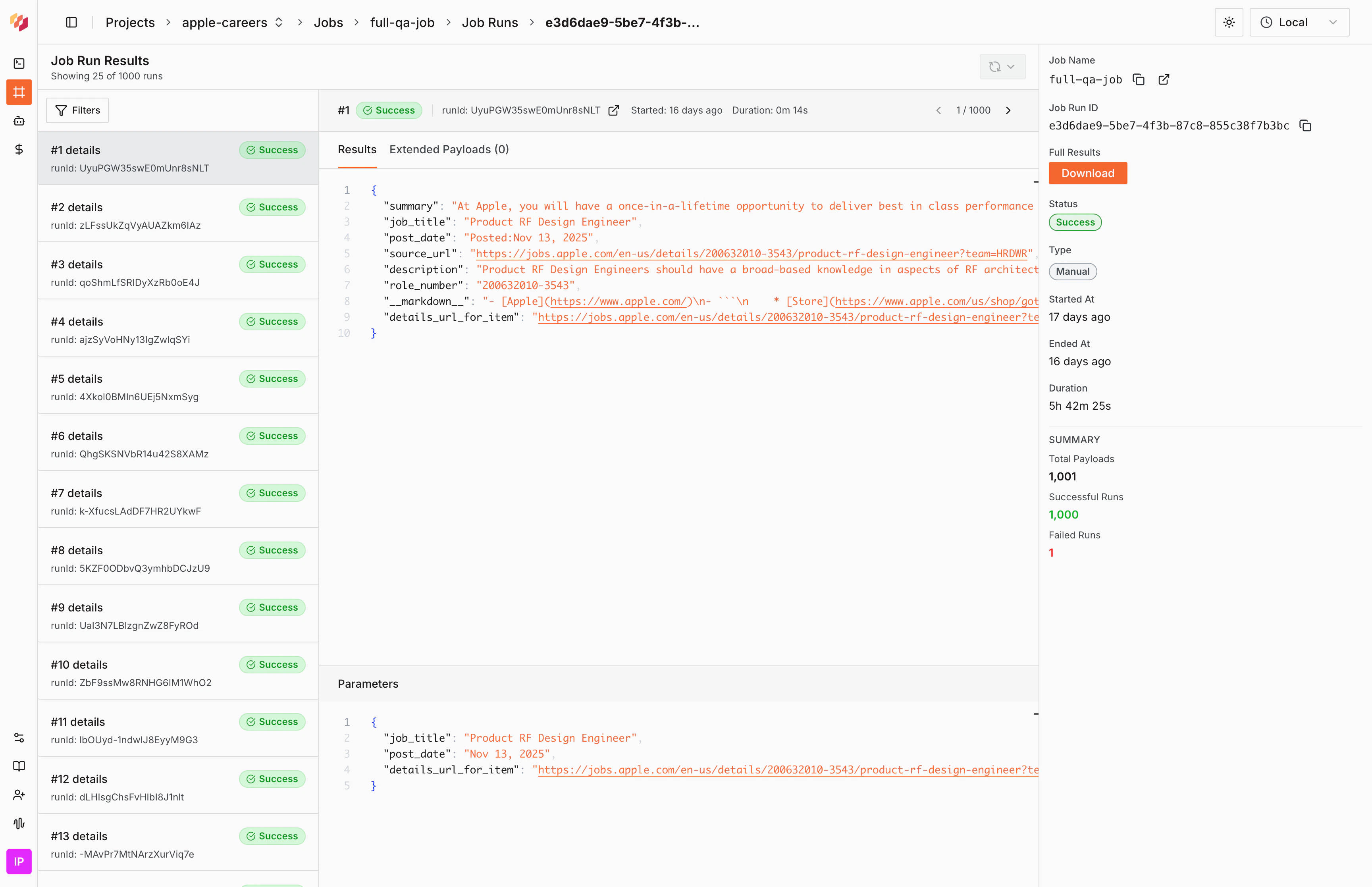 Run results showing JSON output