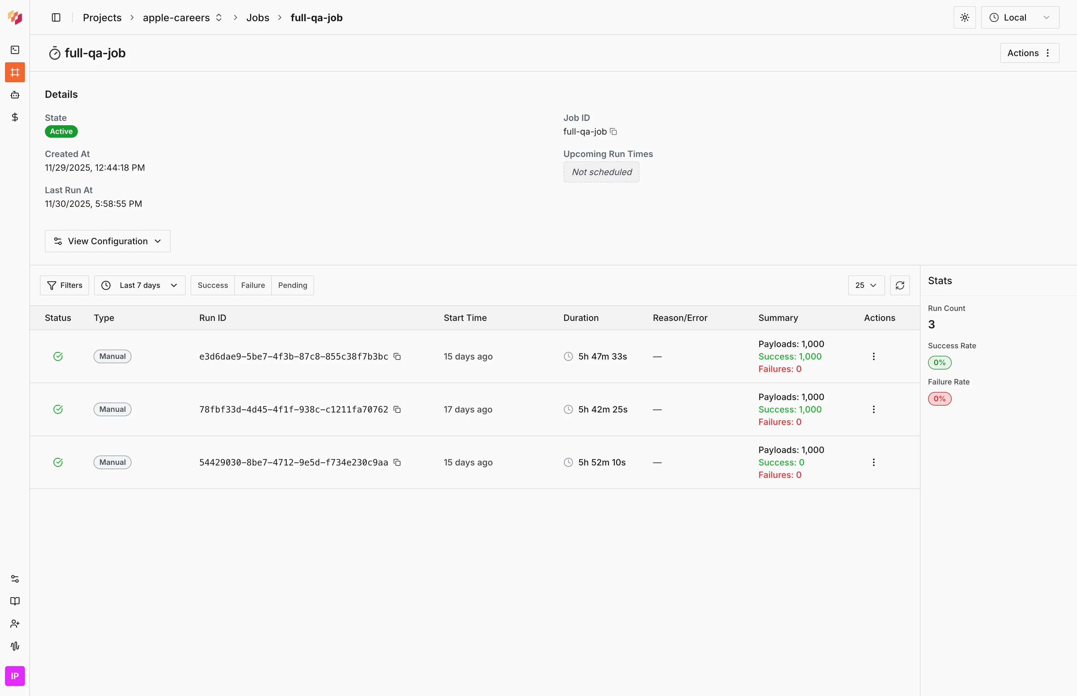 Job runs page showing all runs for this job