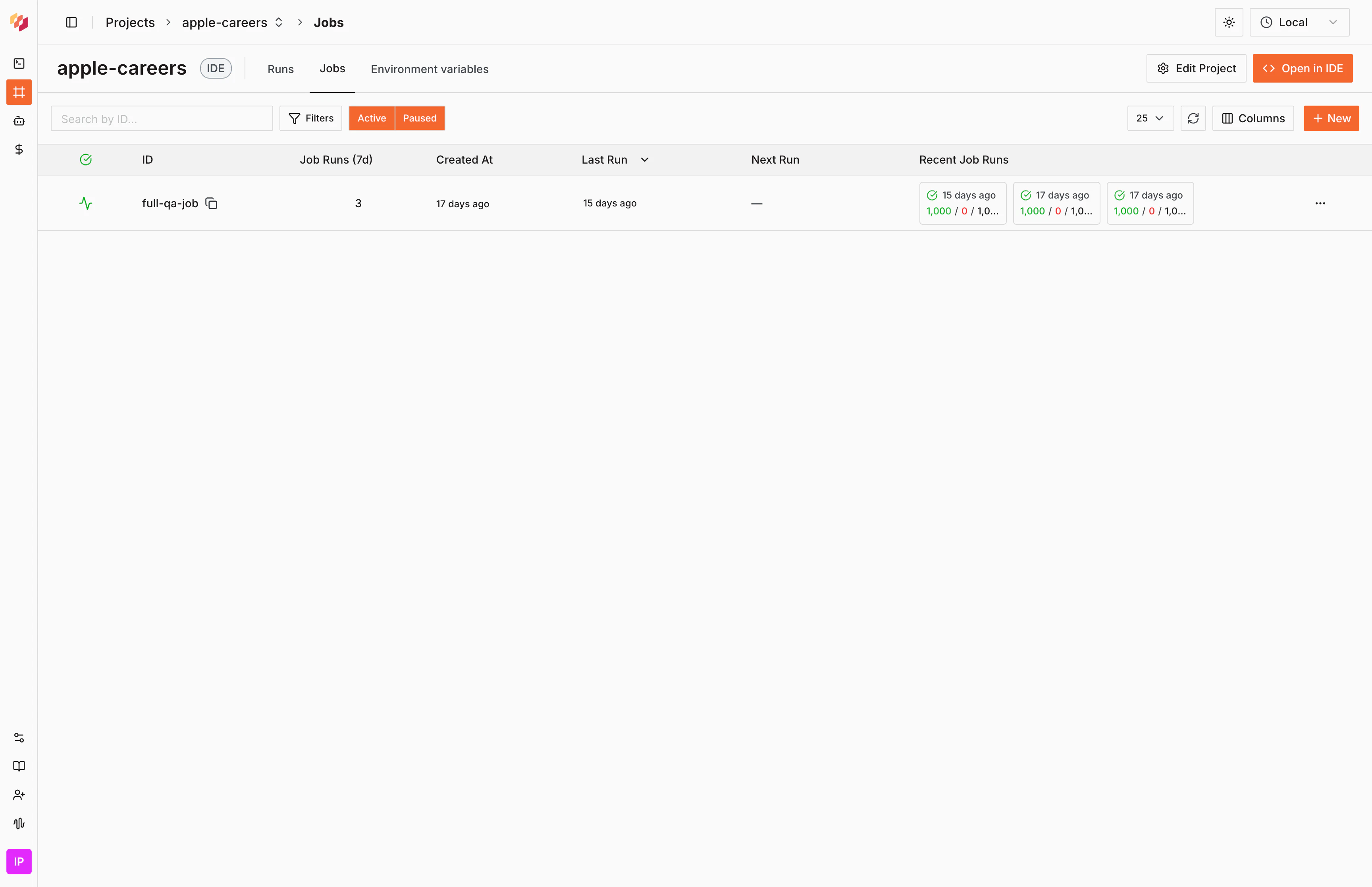 Jobs tab showing jobs list with recent runs